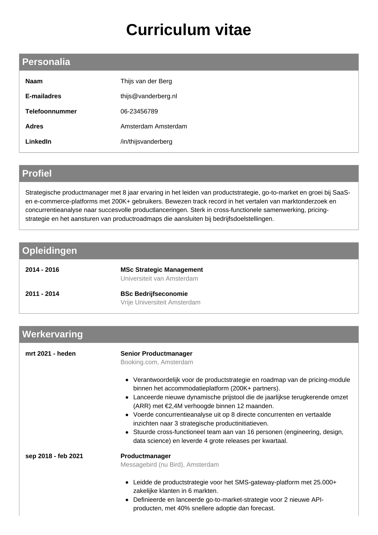 CV Klassiek voor productmanager