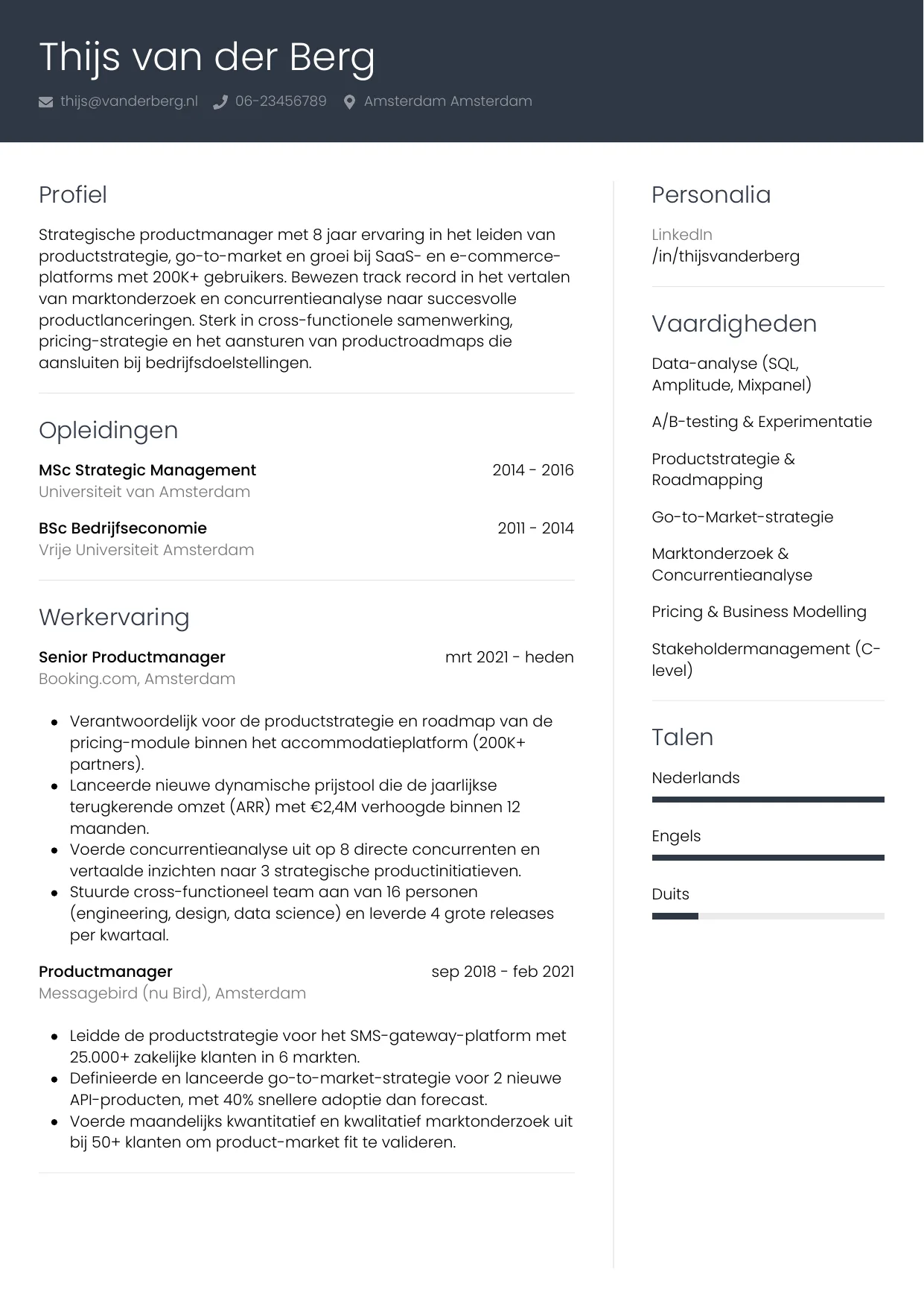 CV Professioneel voor productmanager