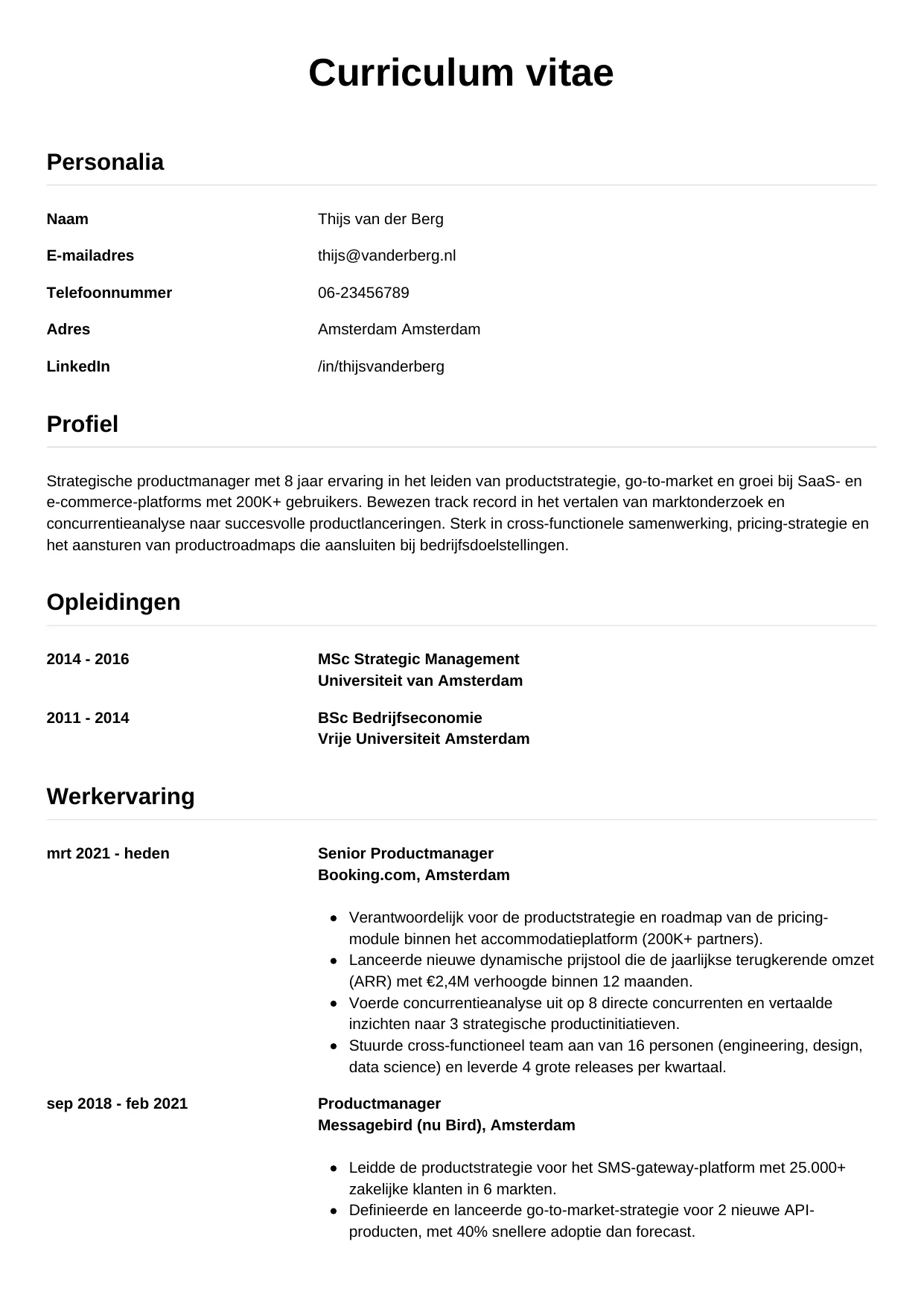 CV Simpel voor productmanager