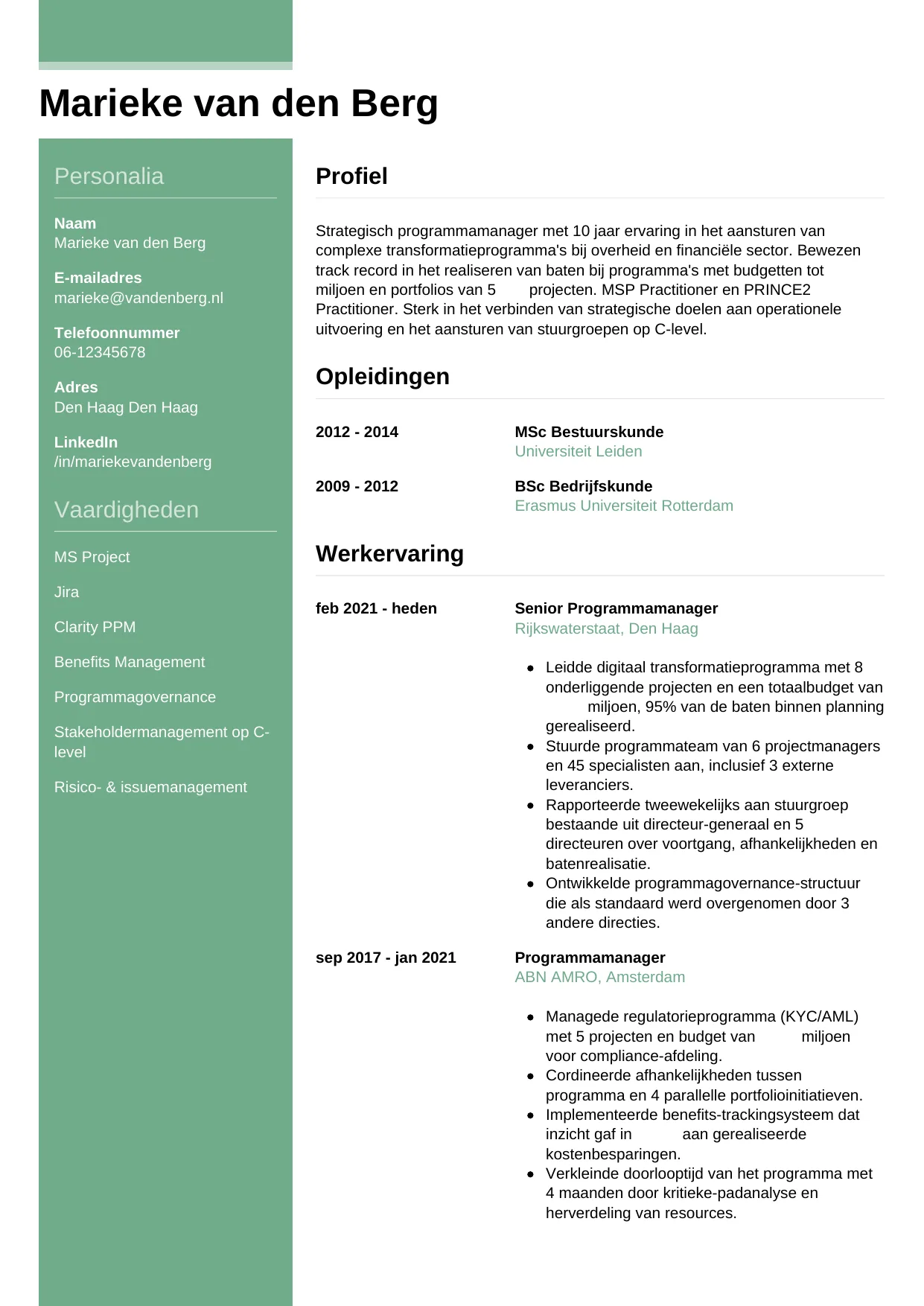 Voorbeeld CV voor programmamanager in template Casual. CV Casual voor programmamanager