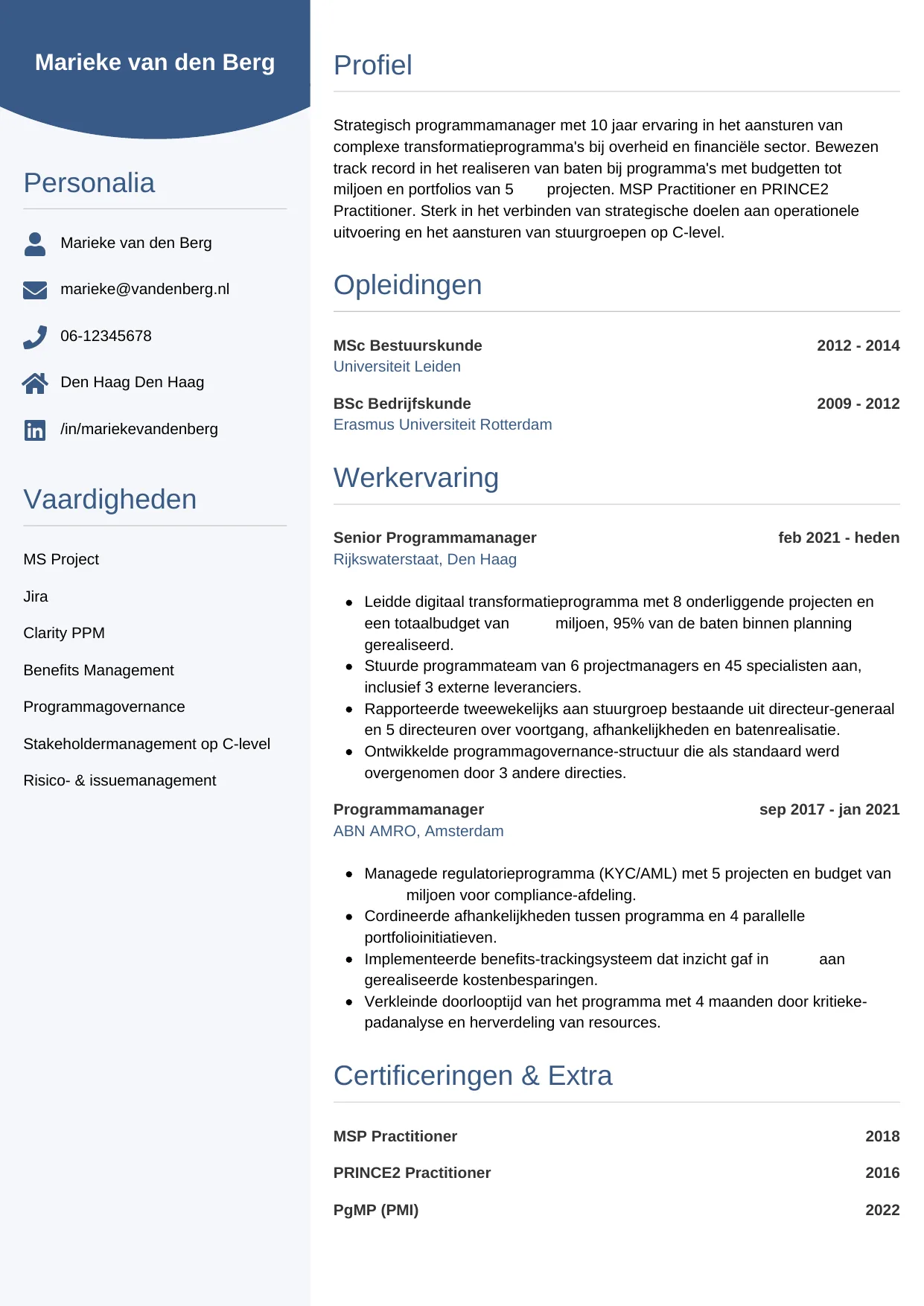 Voorbeeld CV voor programmamanager in template Circulair. CV Circulair voor programmamanager