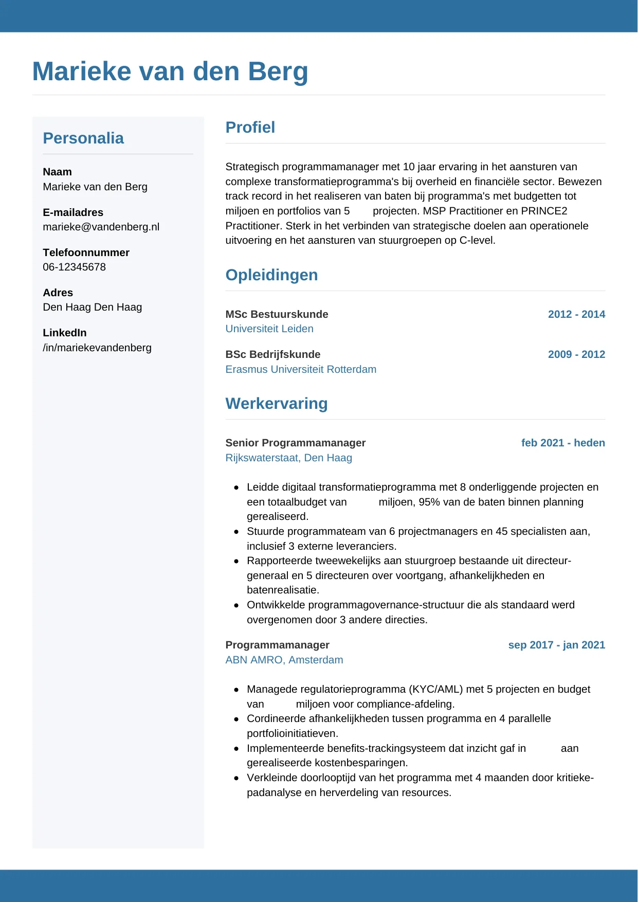 Voorbeeld CV voor programmamanager in template Horizontaal. CV Horizontaal voor programmamanager