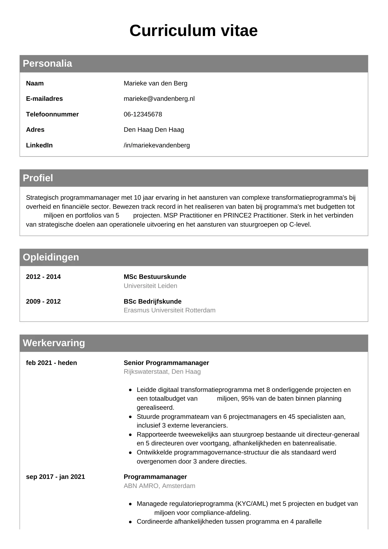Voorbeeld CV voor programmamanager in template Klassiek. CV Klassiek voor programmamanager