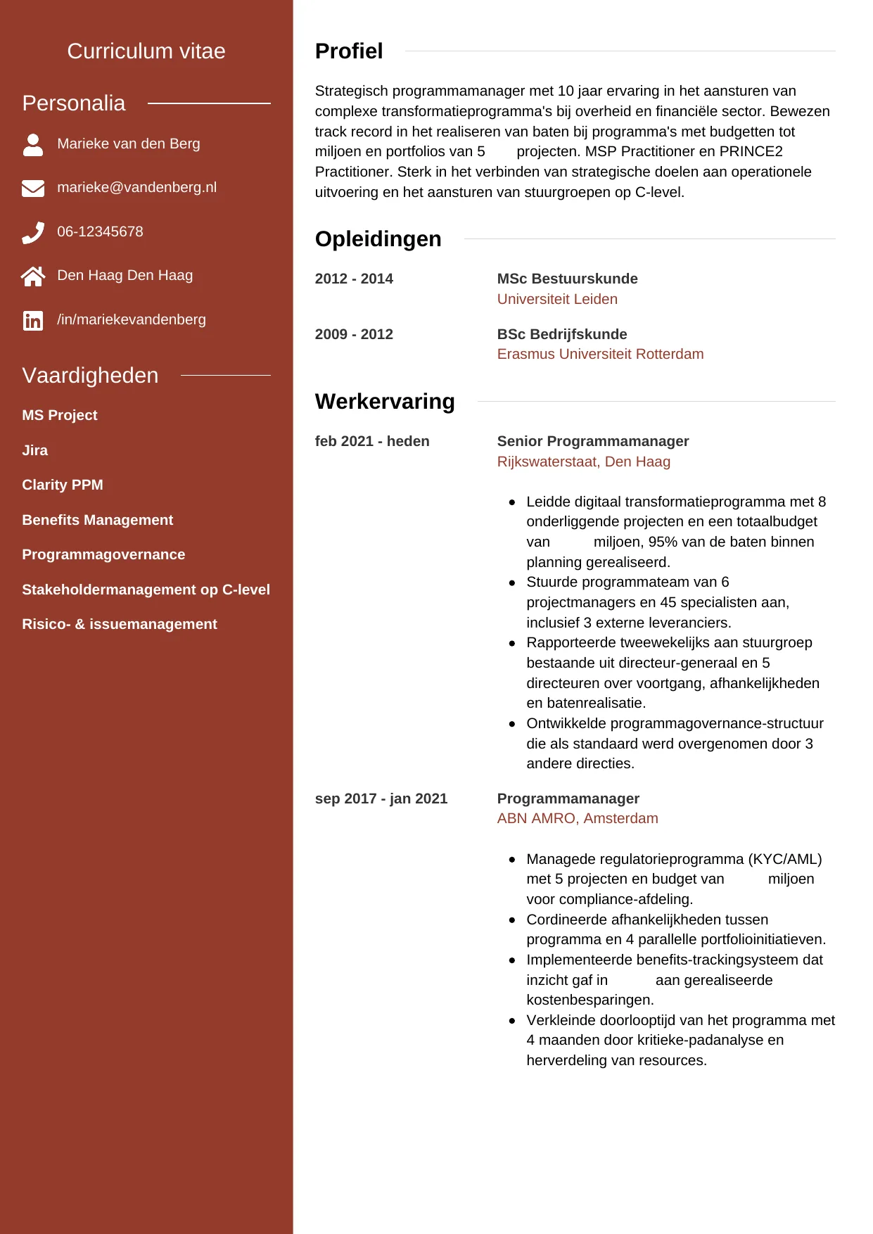 Voorbeeld CV voor programmamanager in template Modern. CV Modern voor programmamanager