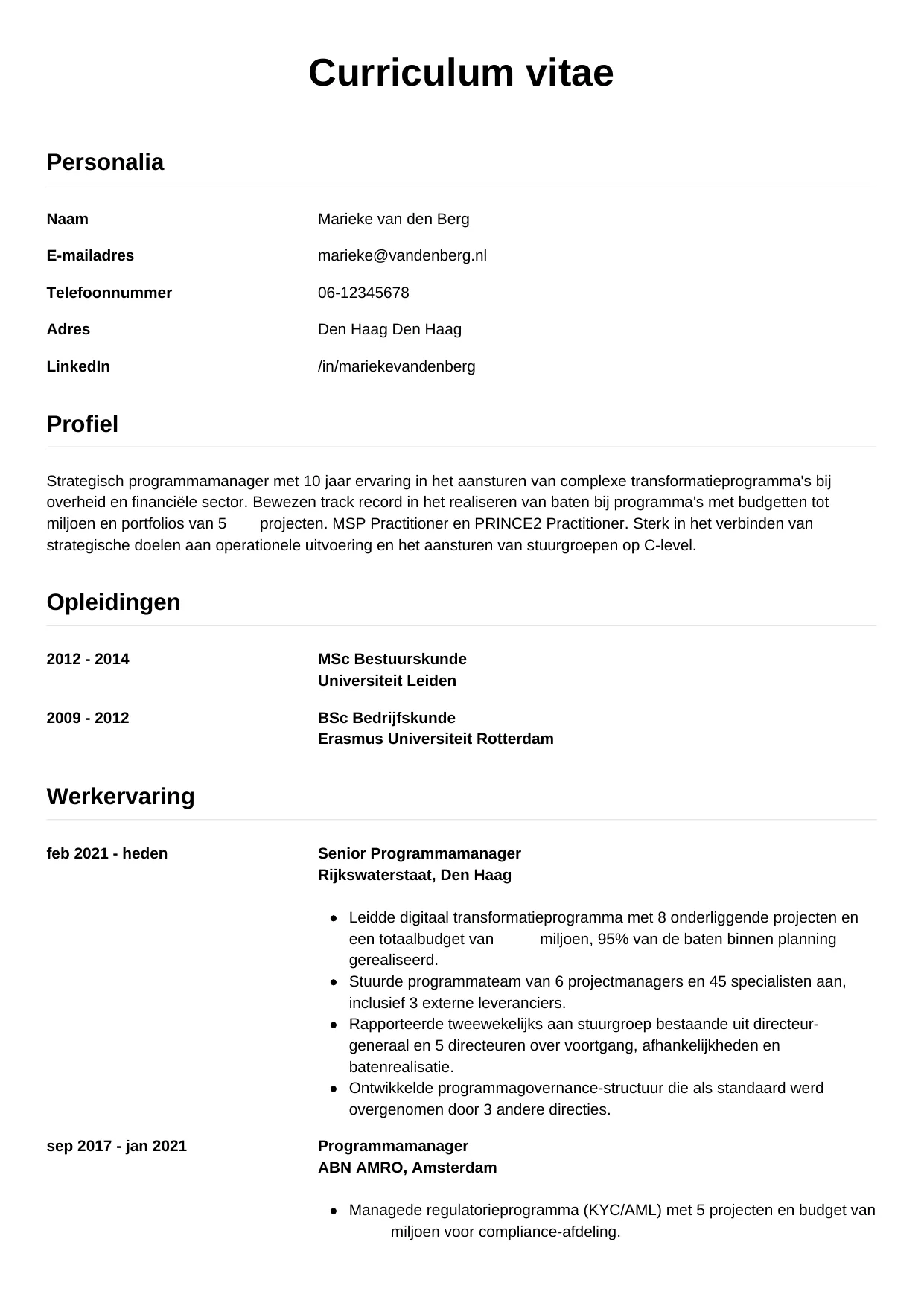 Voorbeeld CV voor programmamanager in template Simpel. CV Simpel voor programmamanager