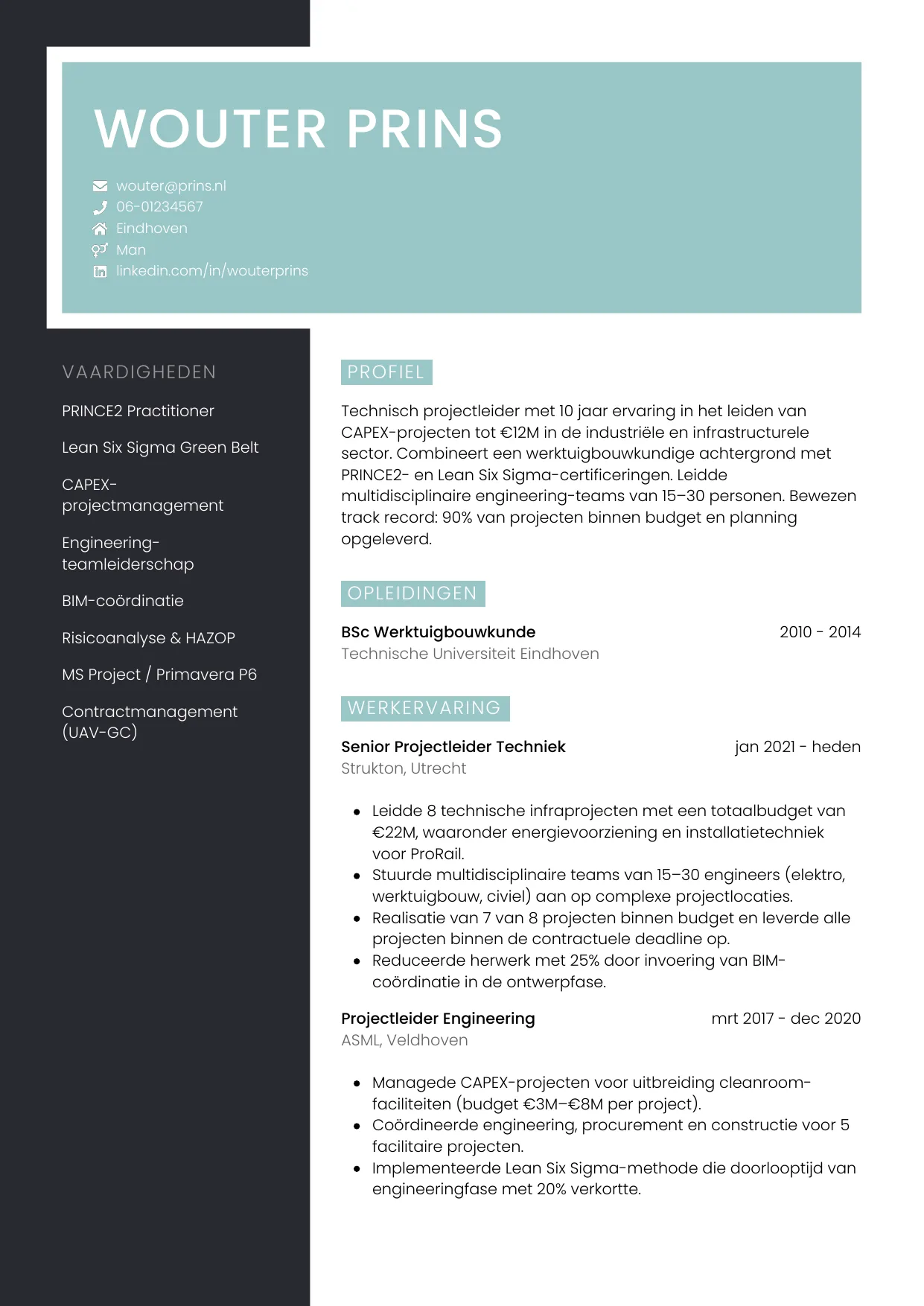 CV Elegant voor projectleider techniek