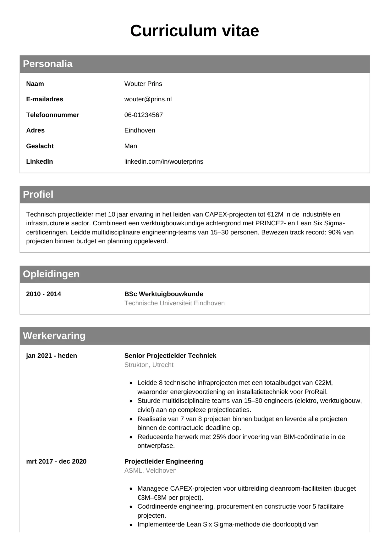 CV Klassiek voor projectleider techniek
