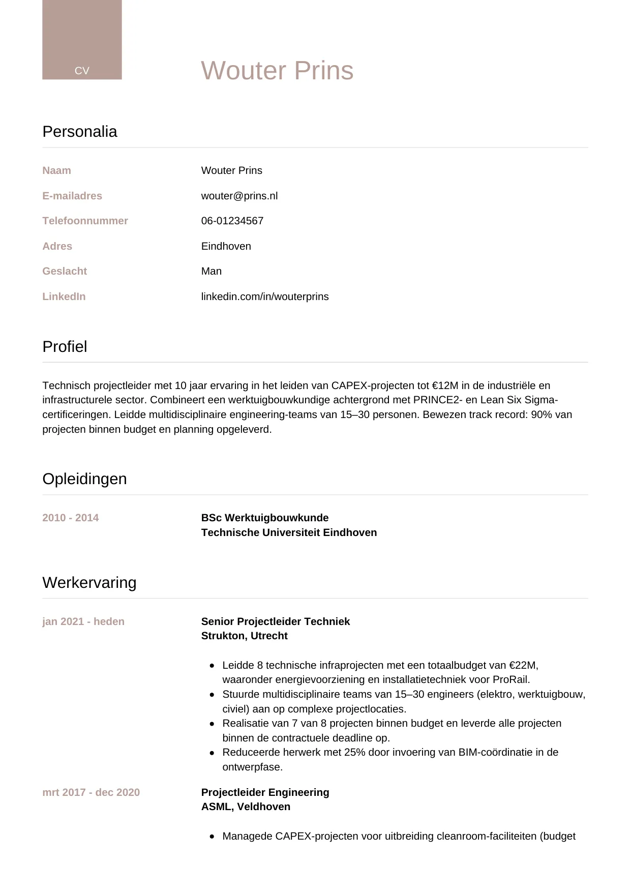CV Luxe voor projectleider techniek