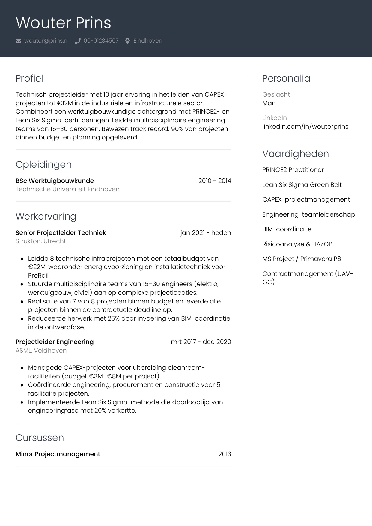 CV Professioneel voor projectleider techniek