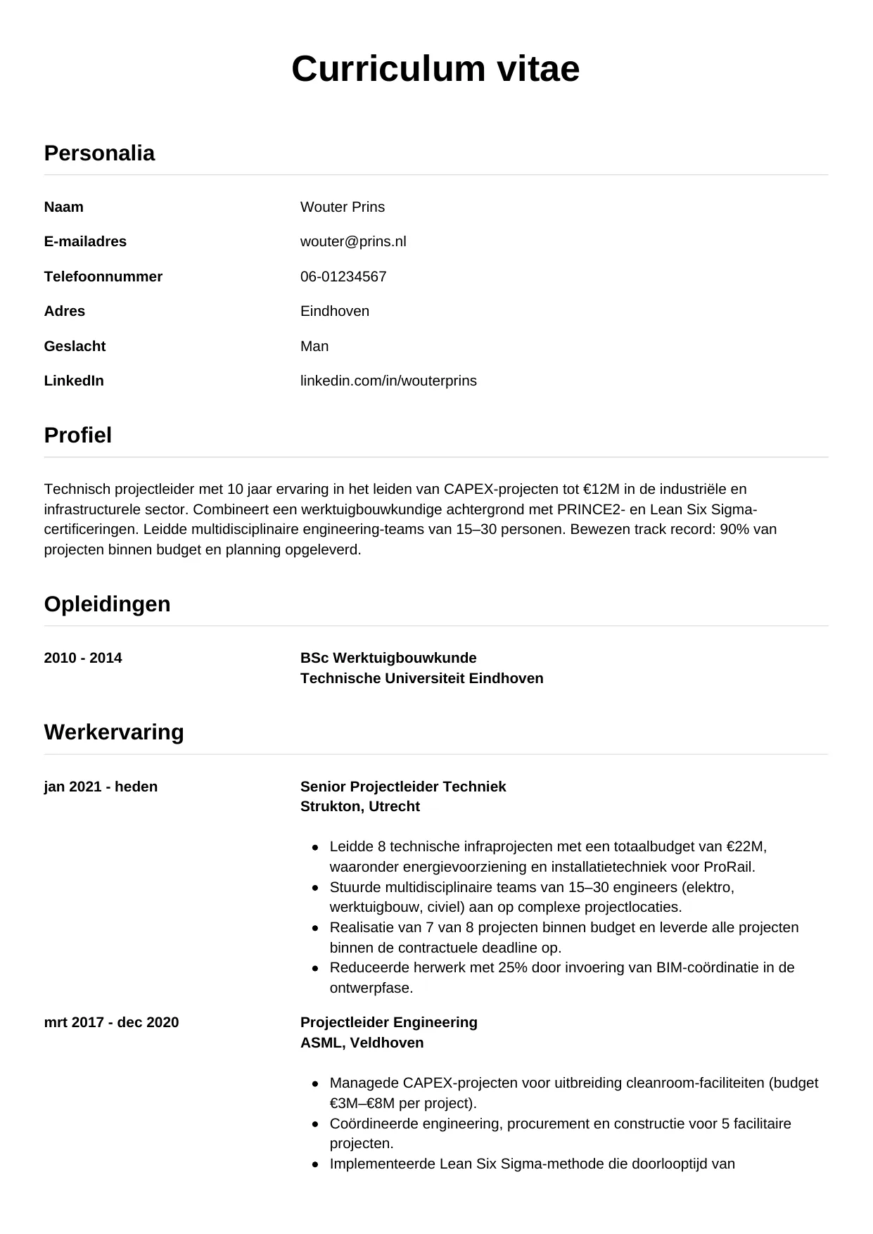 CV Simpel voor projectleider techniek