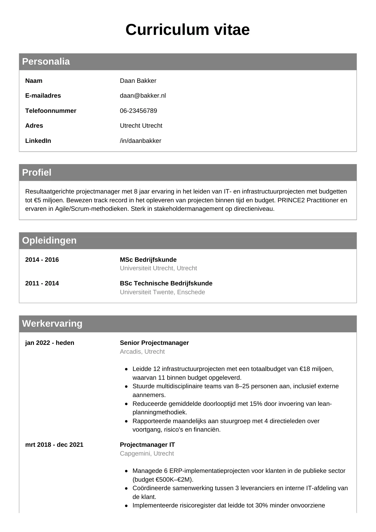 CV Klassiek voor projectmanager