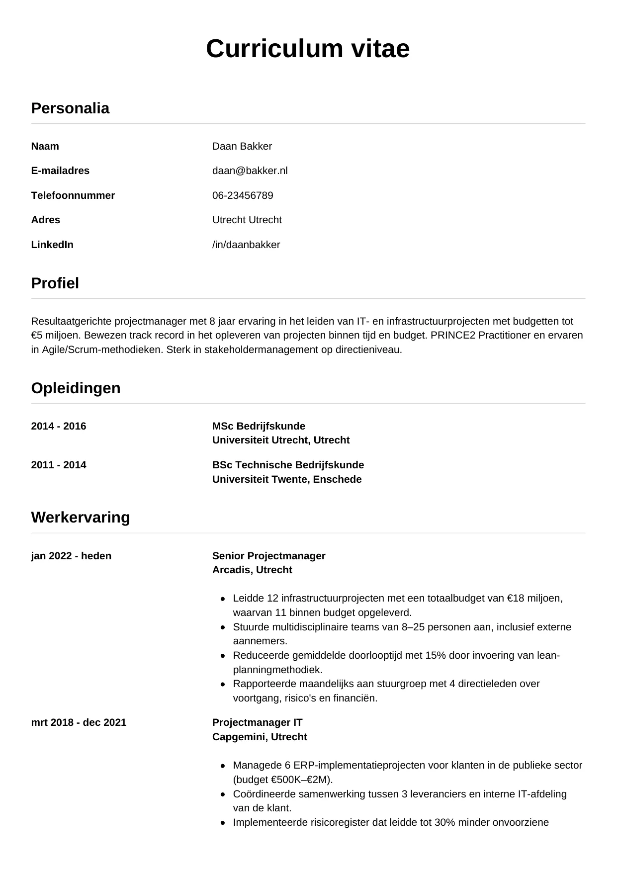 CV Simpel voor projectmanager