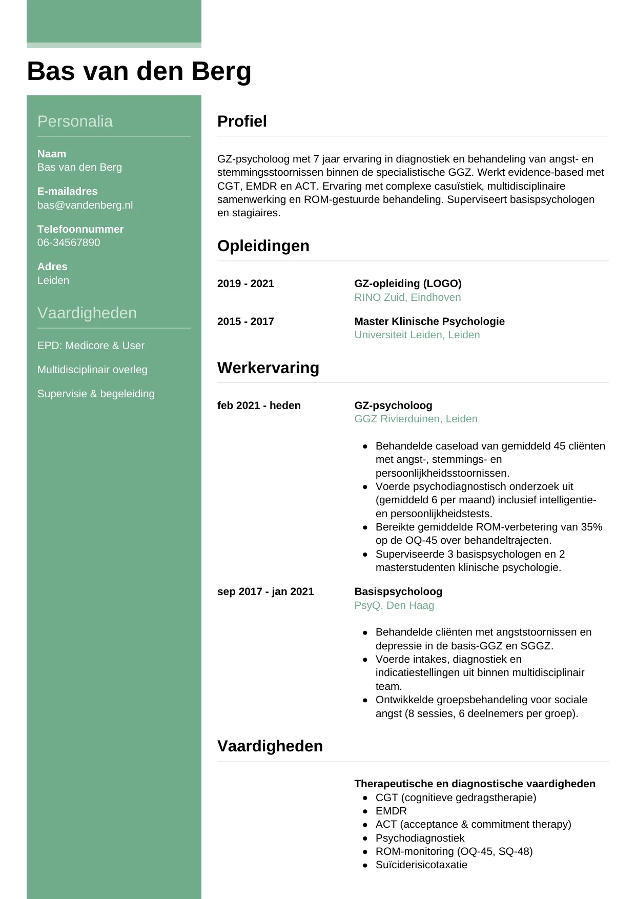 Voorbeeld CV voor psycholoog in template Casual. CV Casual voor psycholoog