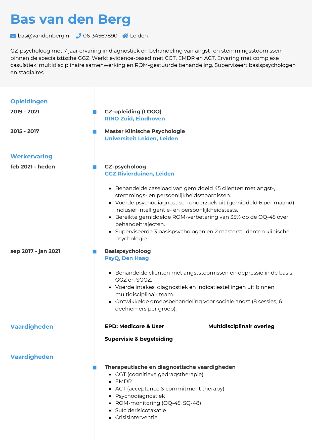 Voorbeeld CV voor psycholoog in template Chrono. CV Chrono voor psycholoog