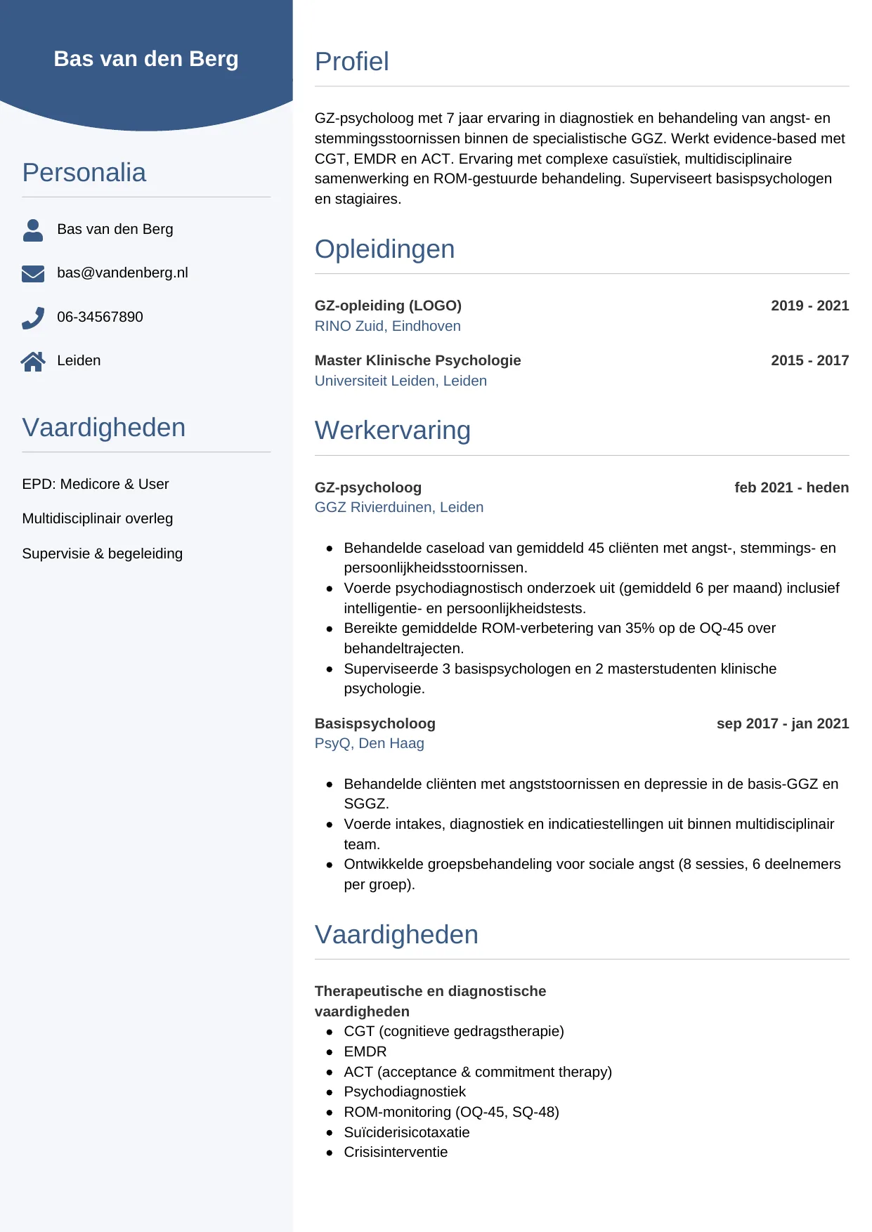 Voorbeeld CV voor psycholoog in template Circulair. CV Circulair voor psycholoog