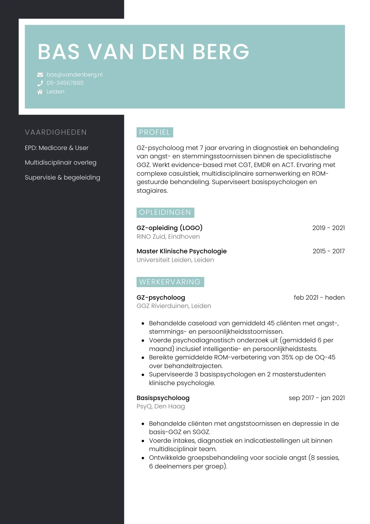 Voorbeeld CV voor psycholoog in template Elegant. CV Elegant voor psycholoog