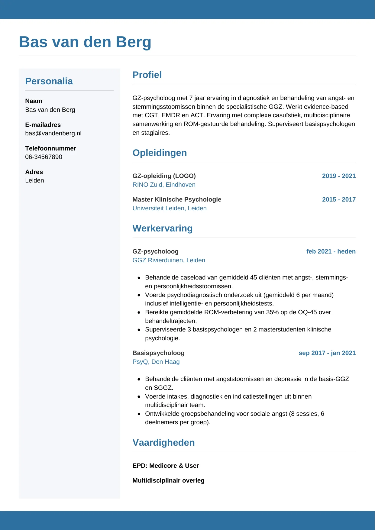 Voorbeeld CV voor psycholoog in template Horizontaal. CV Horizontaal voor psycholoog