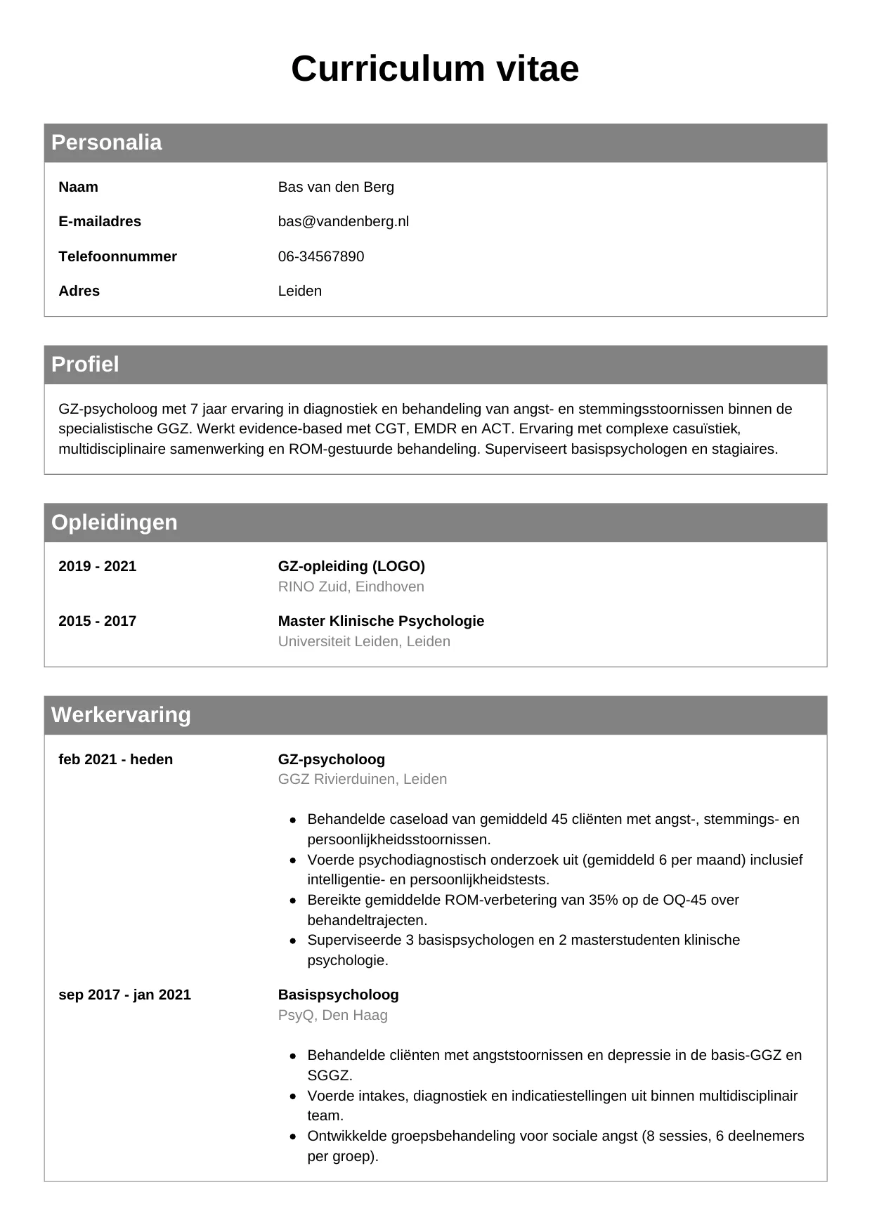 Voorbeeld CV voor psycholoog in template Klassiek. CV Klassiek voor psycholoog
