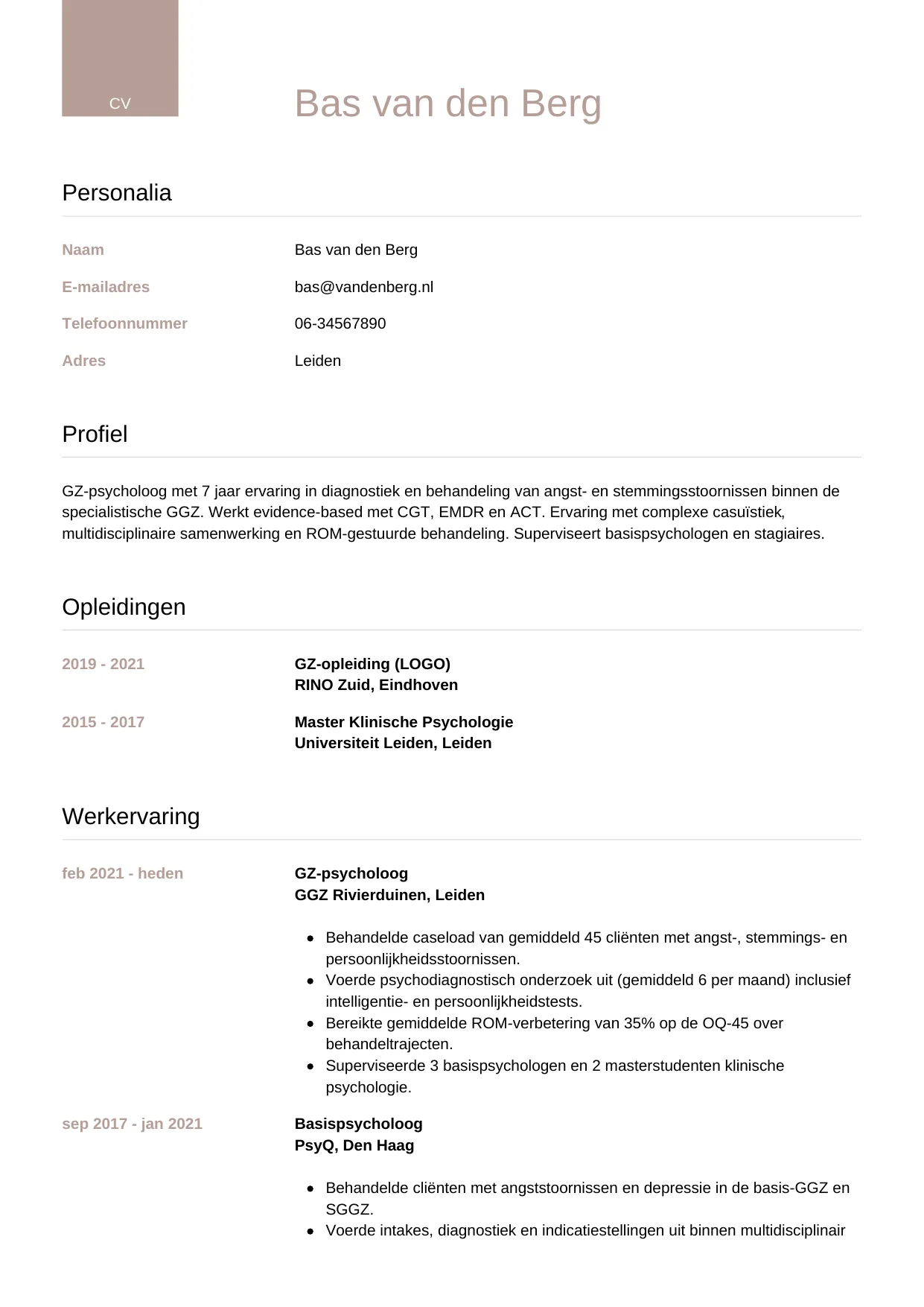 Voorbeeld CV voor psycholoog in template Luxe. CV Luxe voor psycholoog