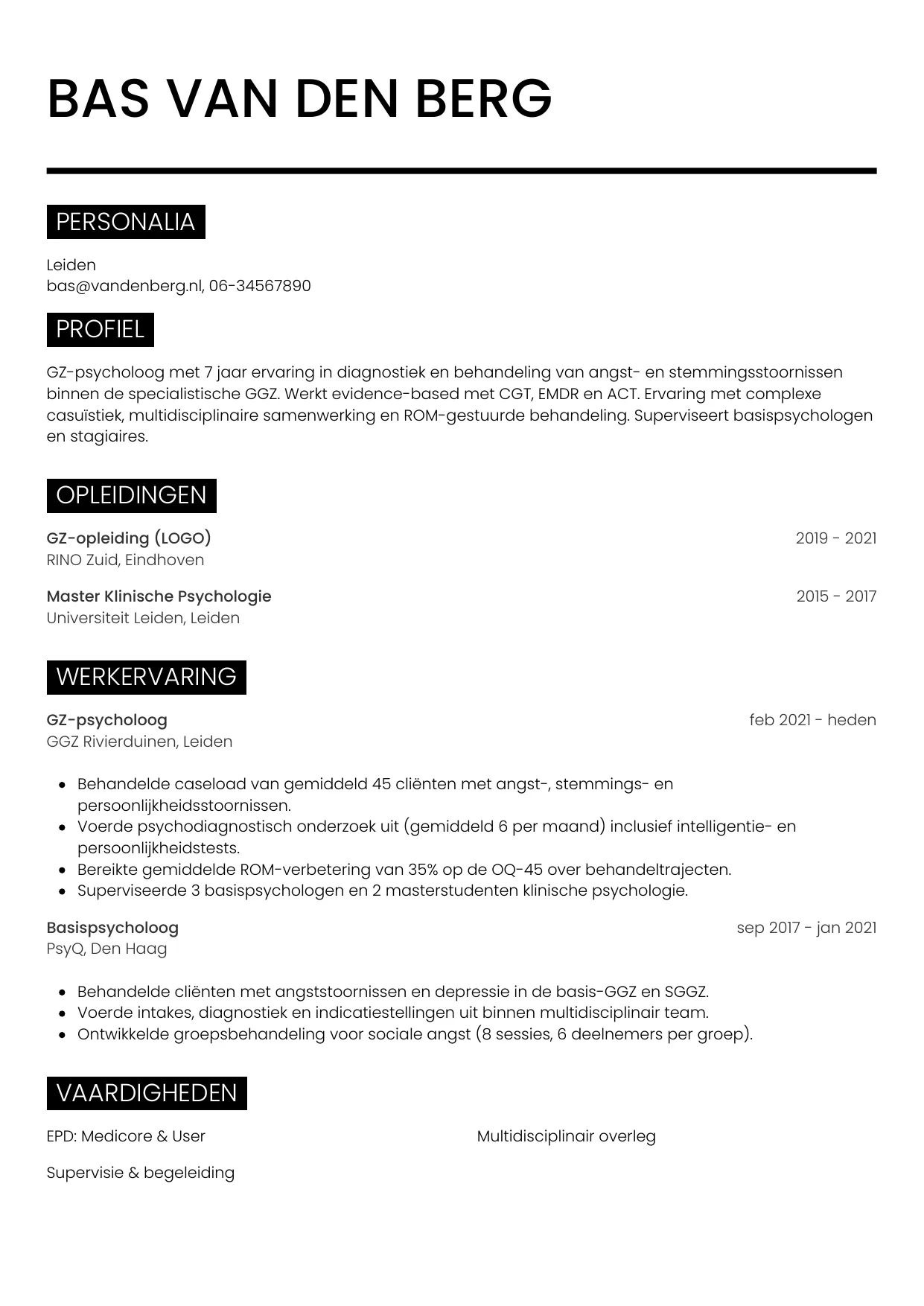 Voorbeeld CV voor psycholoog in template Metro. CV Metro voor psycholoog