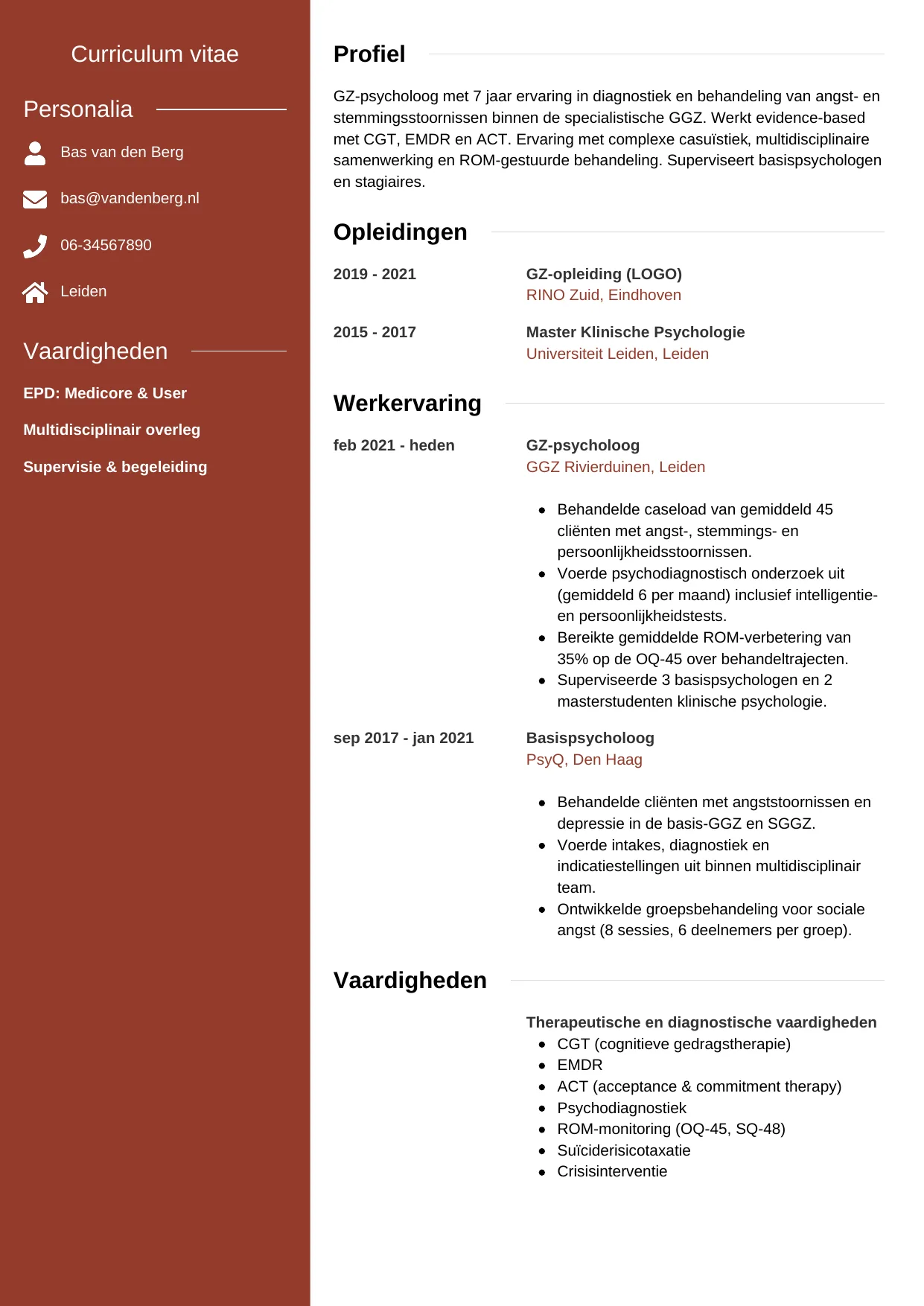 Voorbeeld CV voor psycholoog in template Modern. CV Modern voor psycholoog