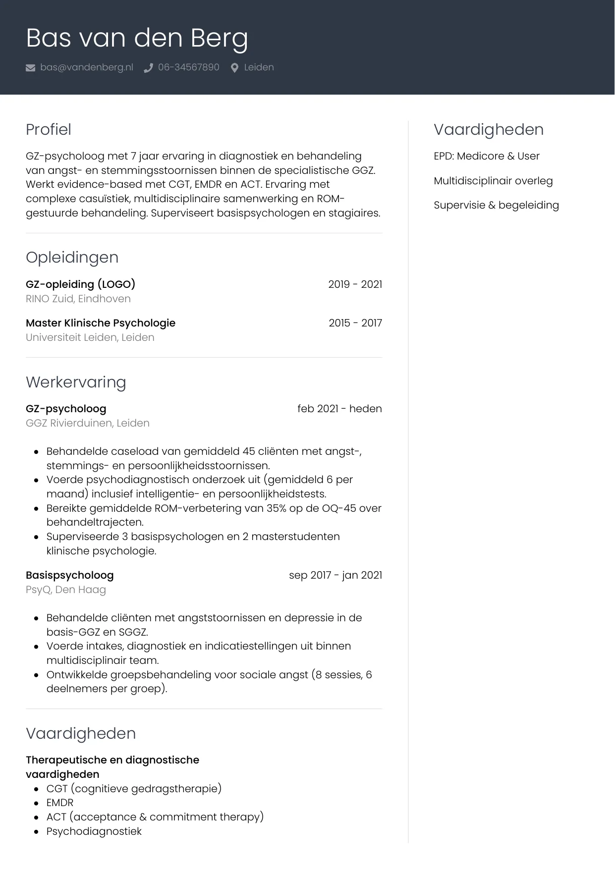 Voorbeeld CV voor psycholoog in template Professioneel. CV Professioneel voor psycholoog