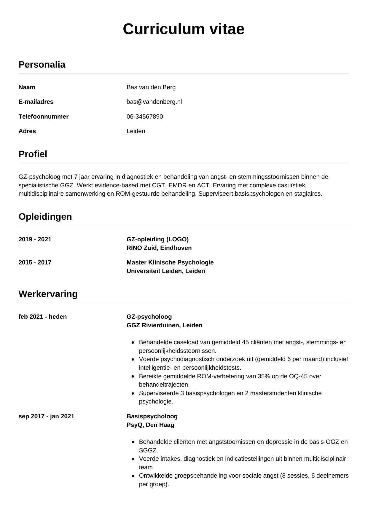 Voorbeeld CV voor psycholoog in template Simpel. CV Simpel voor psycholoog
