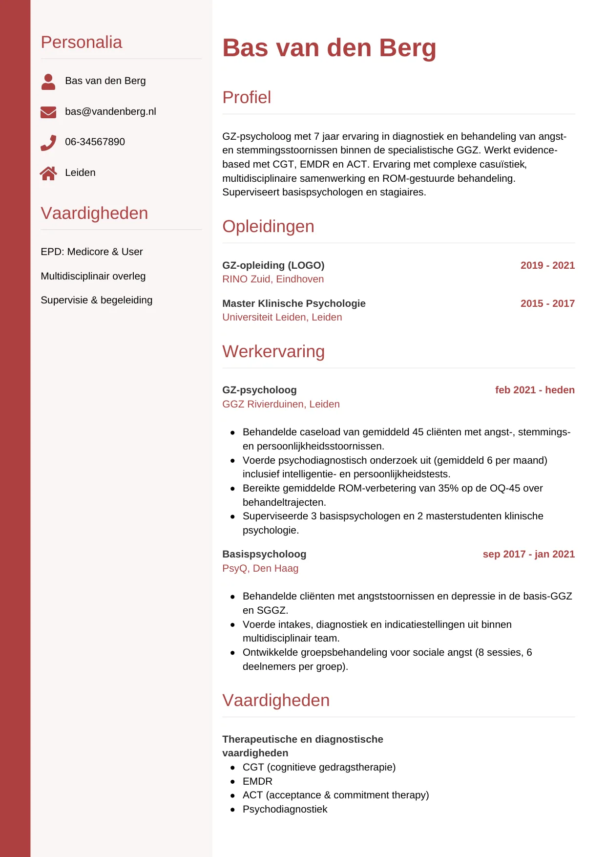 Voorbeeld CV voor psycholoog in template Verticaal. CV Verticaal voor psycholoog
