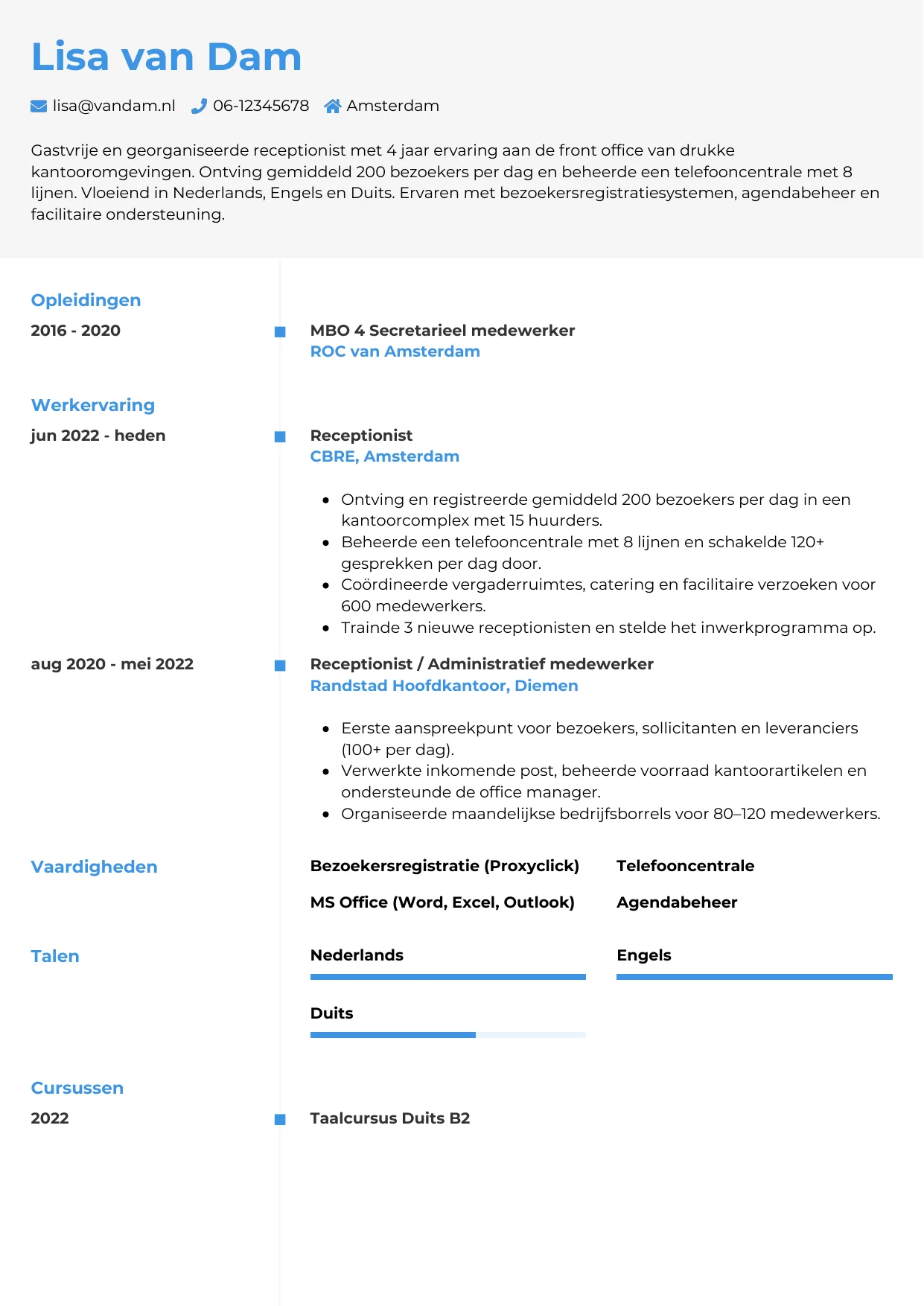 CV Chrono voor receptionist