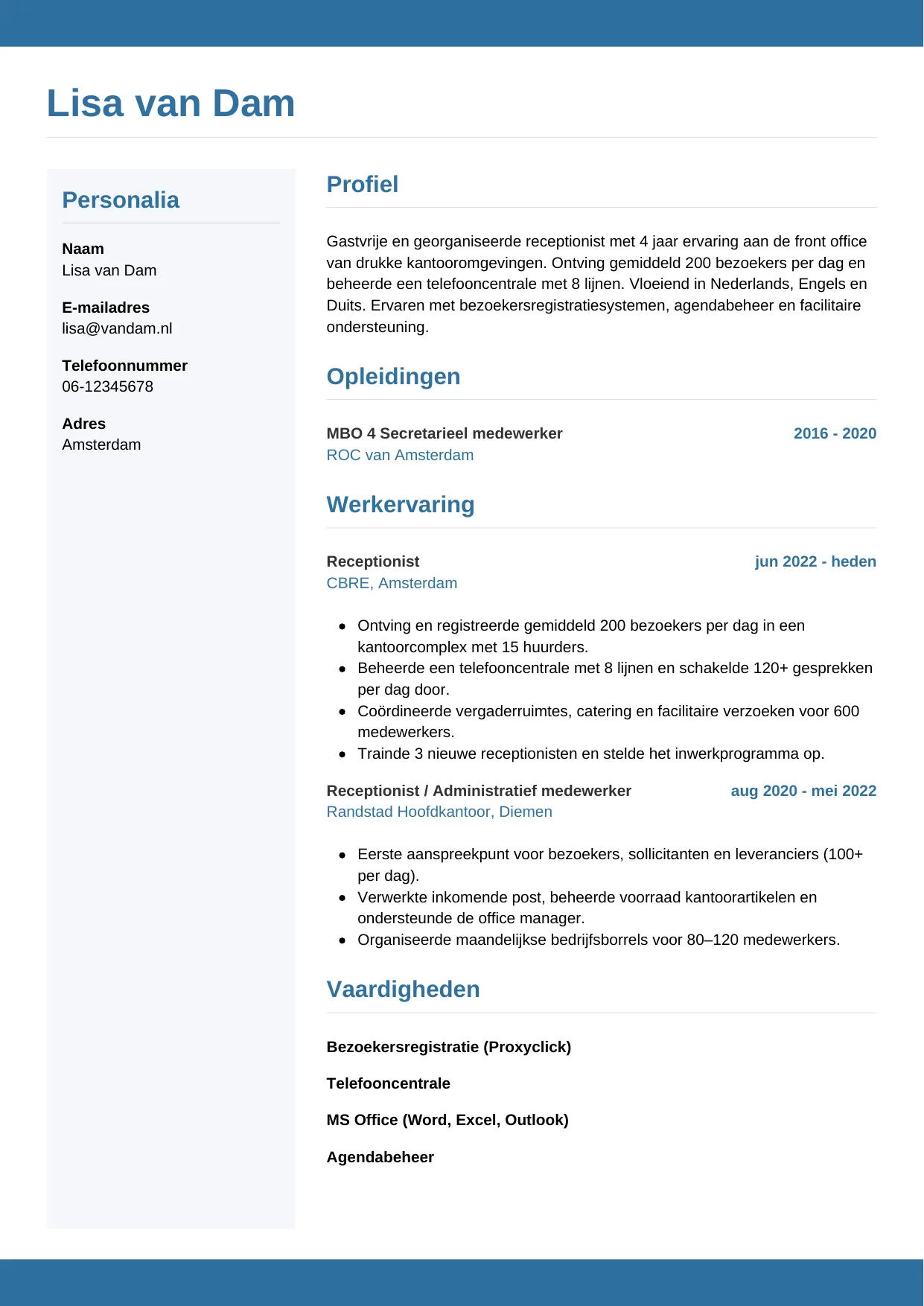 CV Horizontaal voor receptionist