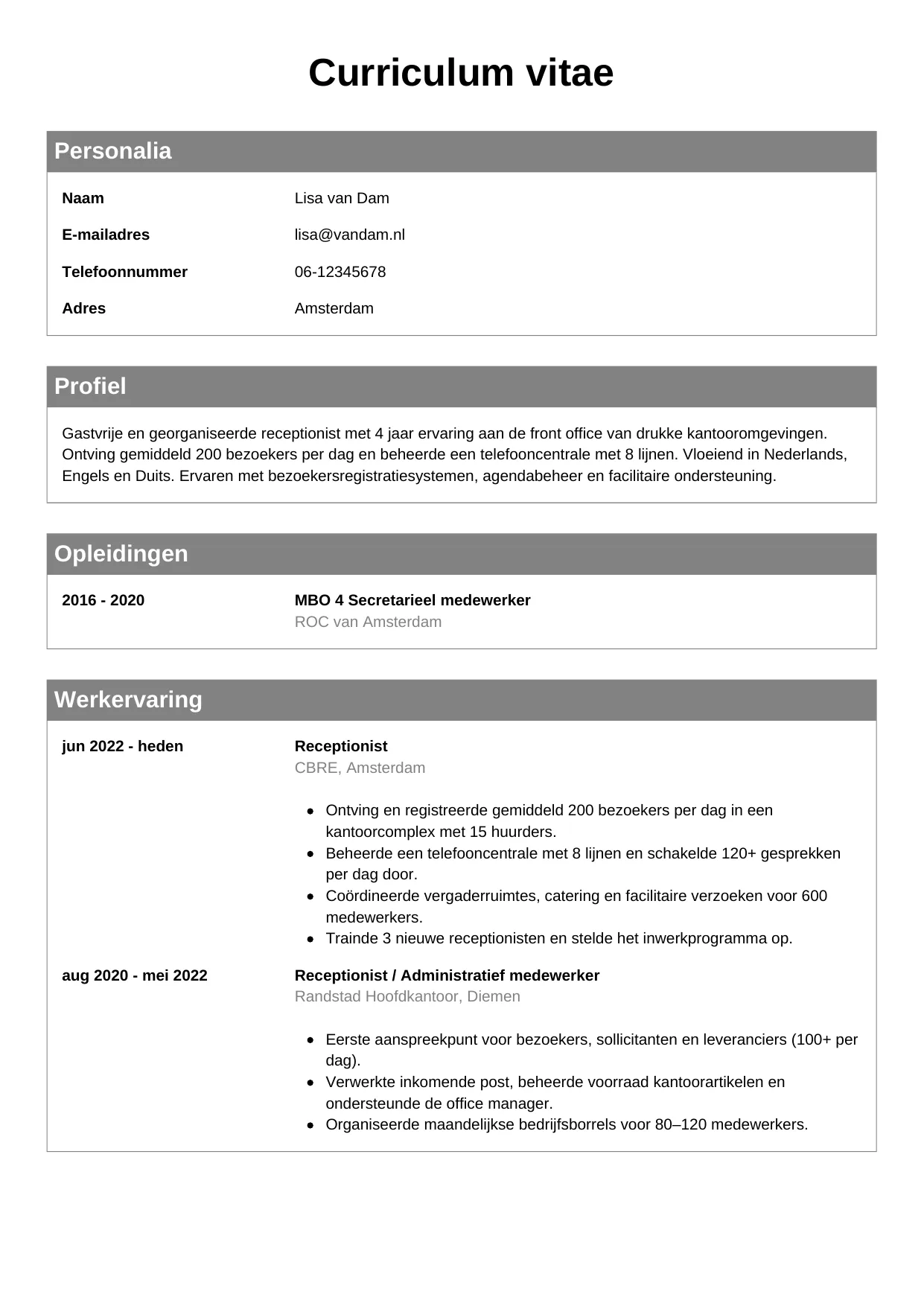 CV Klassiek voor receptionist