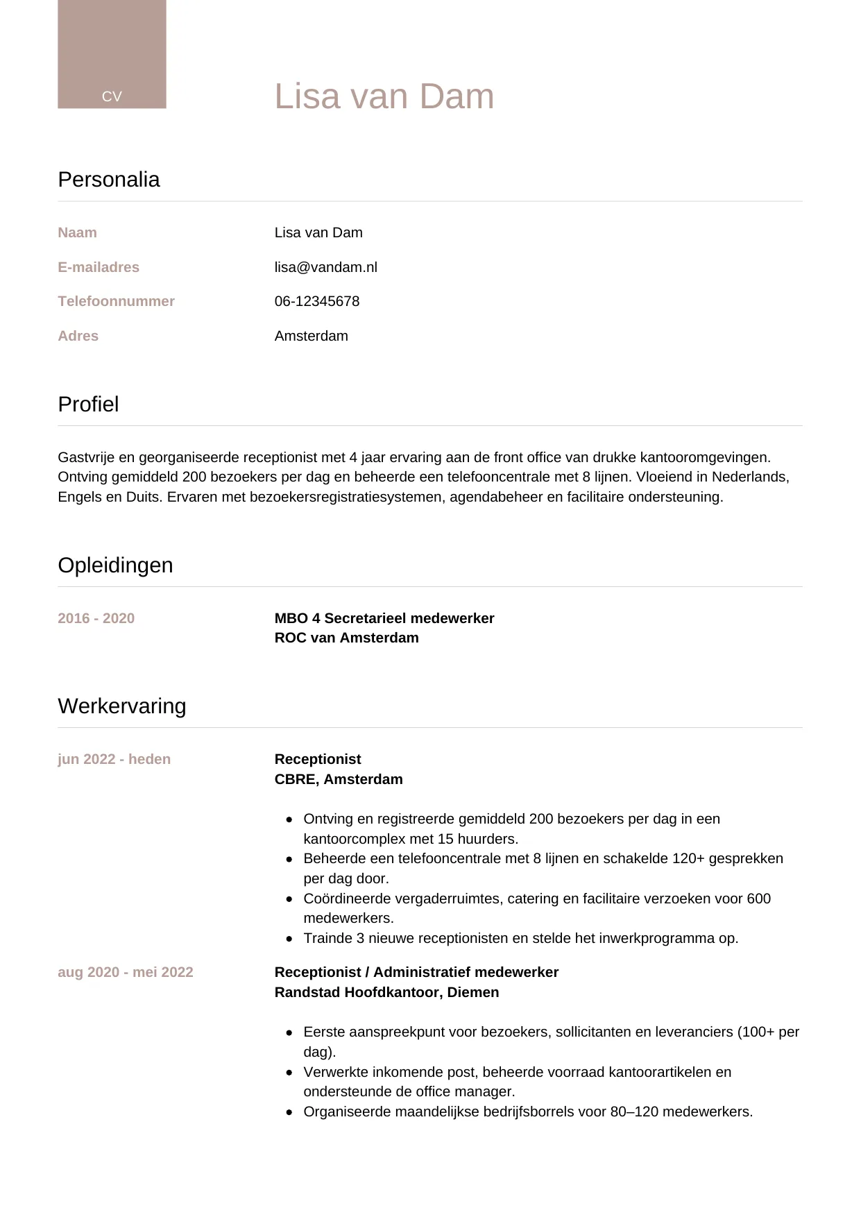 CV Luxe voor receptionist