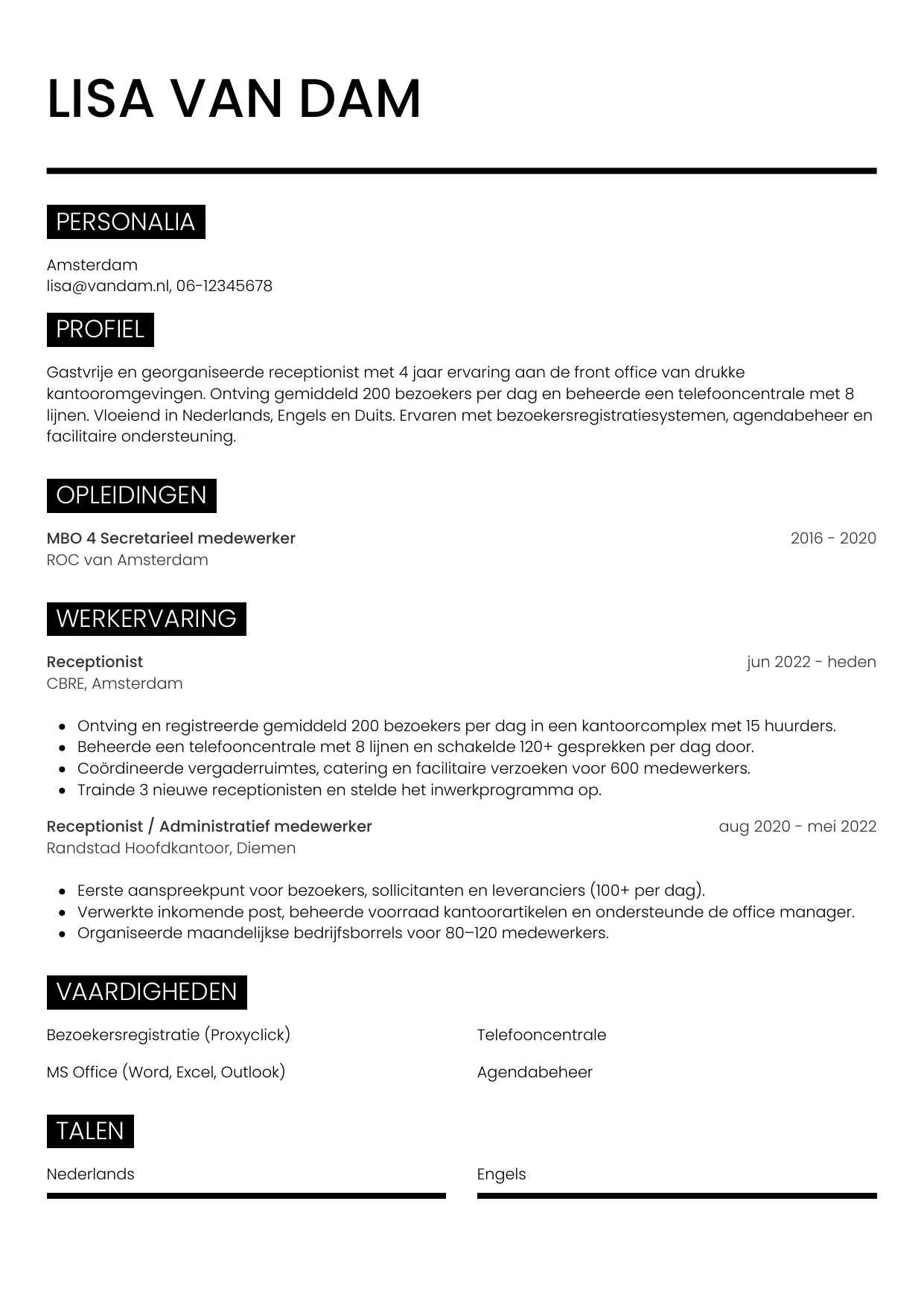 CV Metro voor receptionist