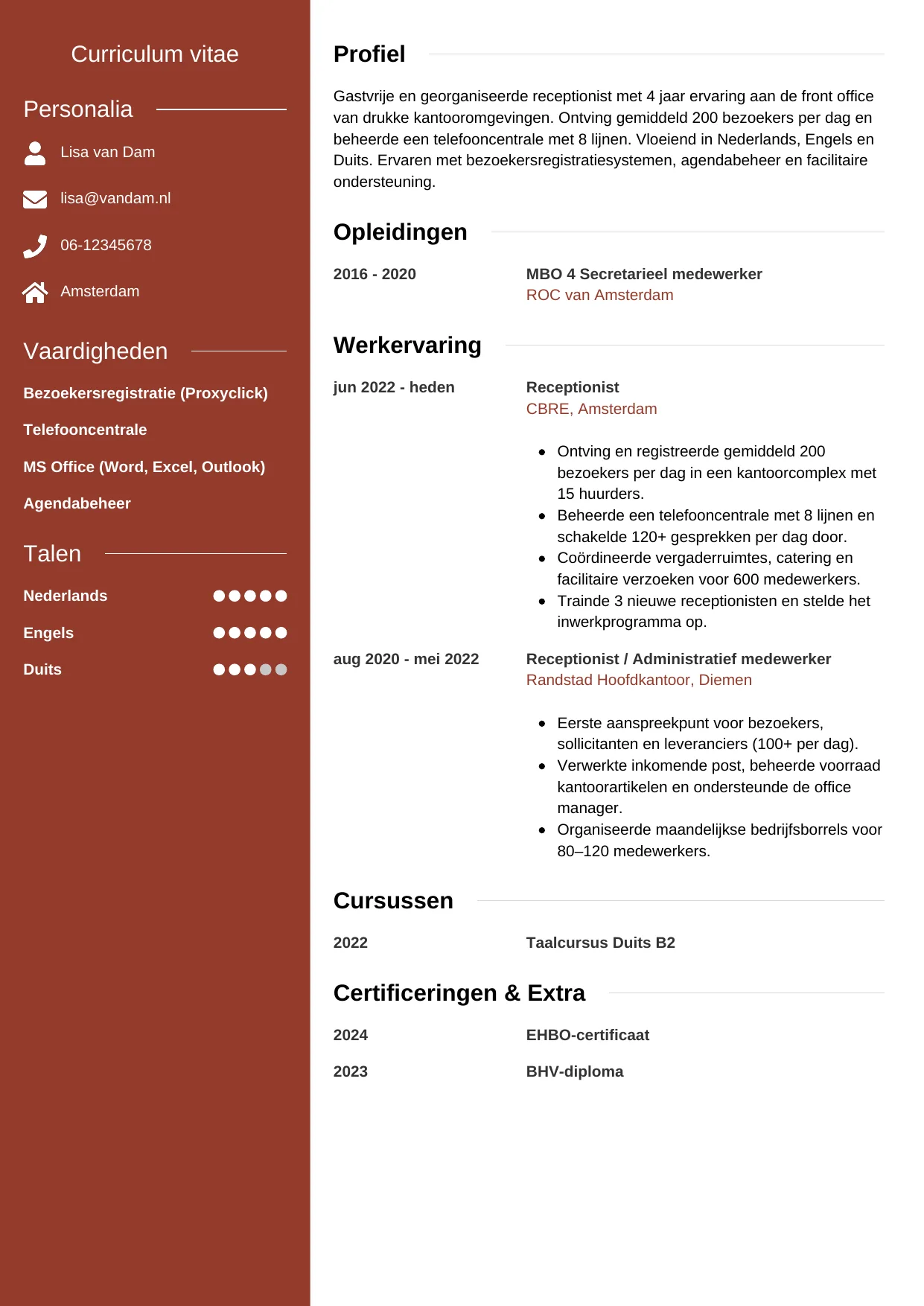 CV Modern voor receptionist