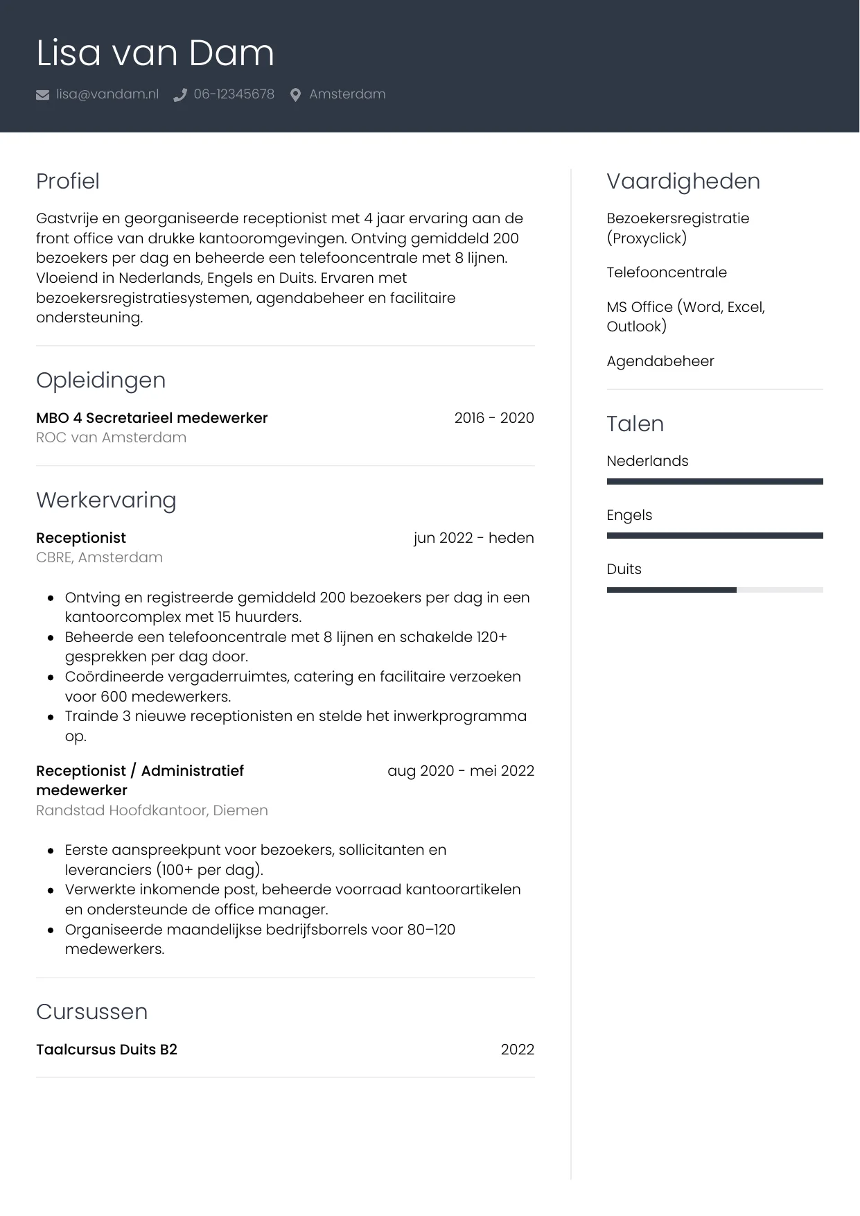CV Professioneel voor receptionist