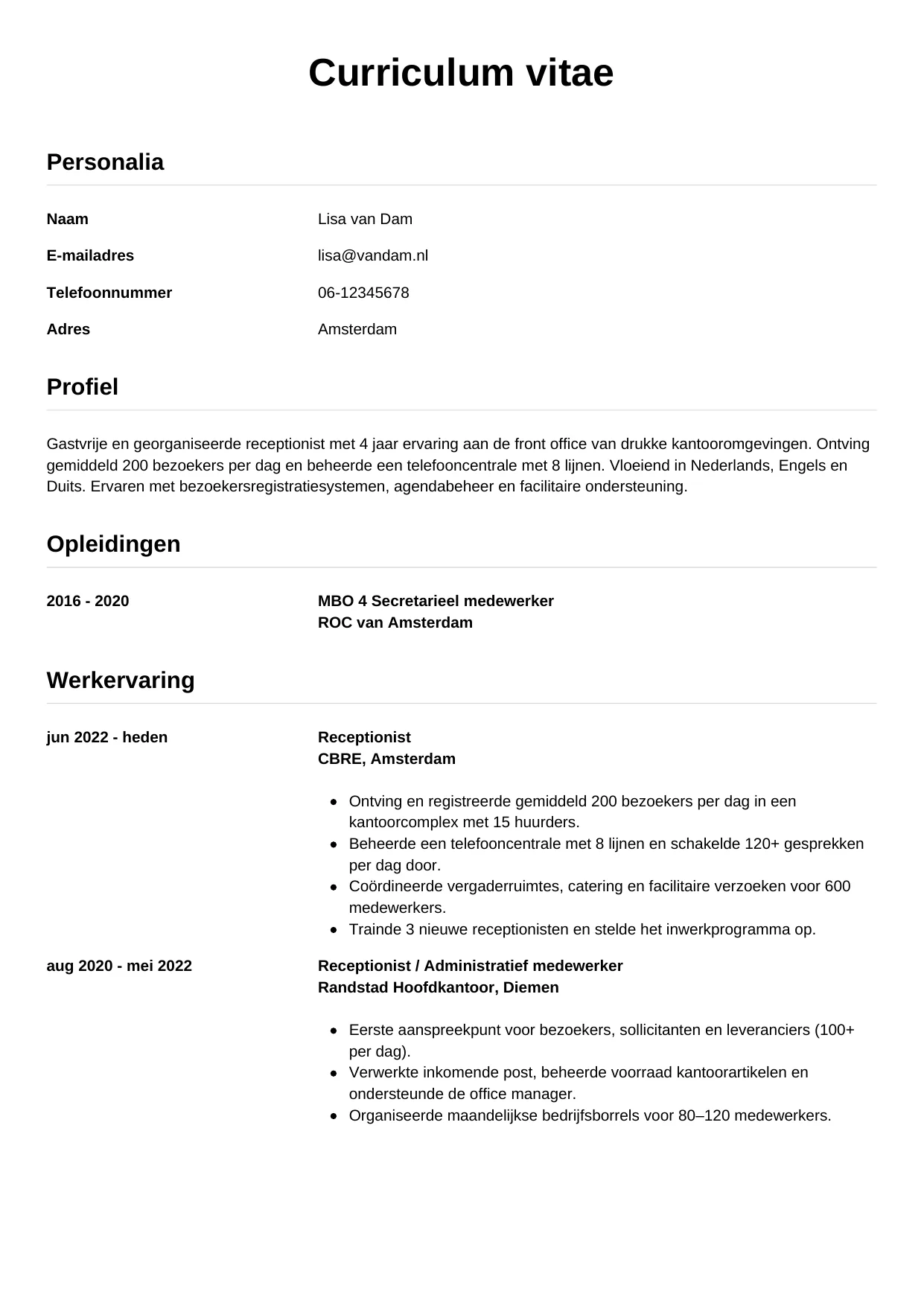 CV Simpel voor receptionist