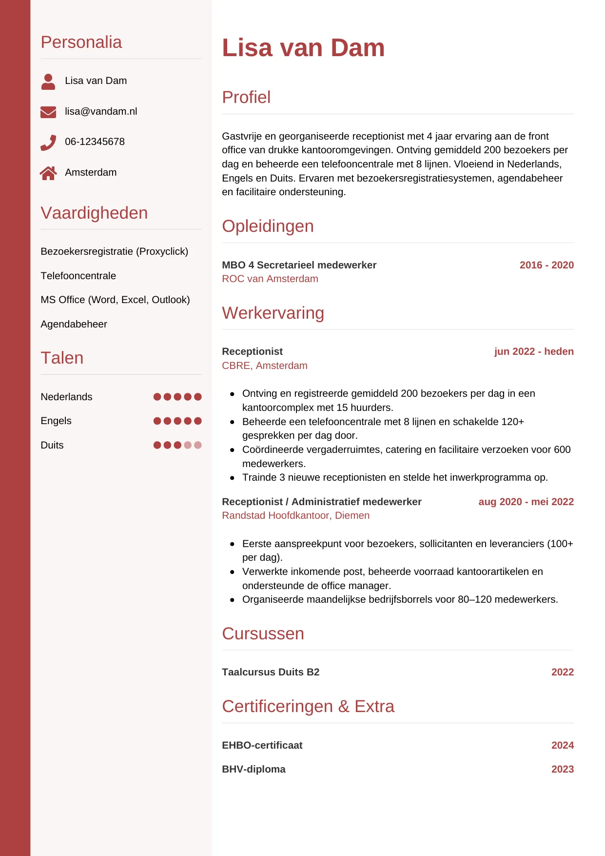 CV Verticaal voor receptionist