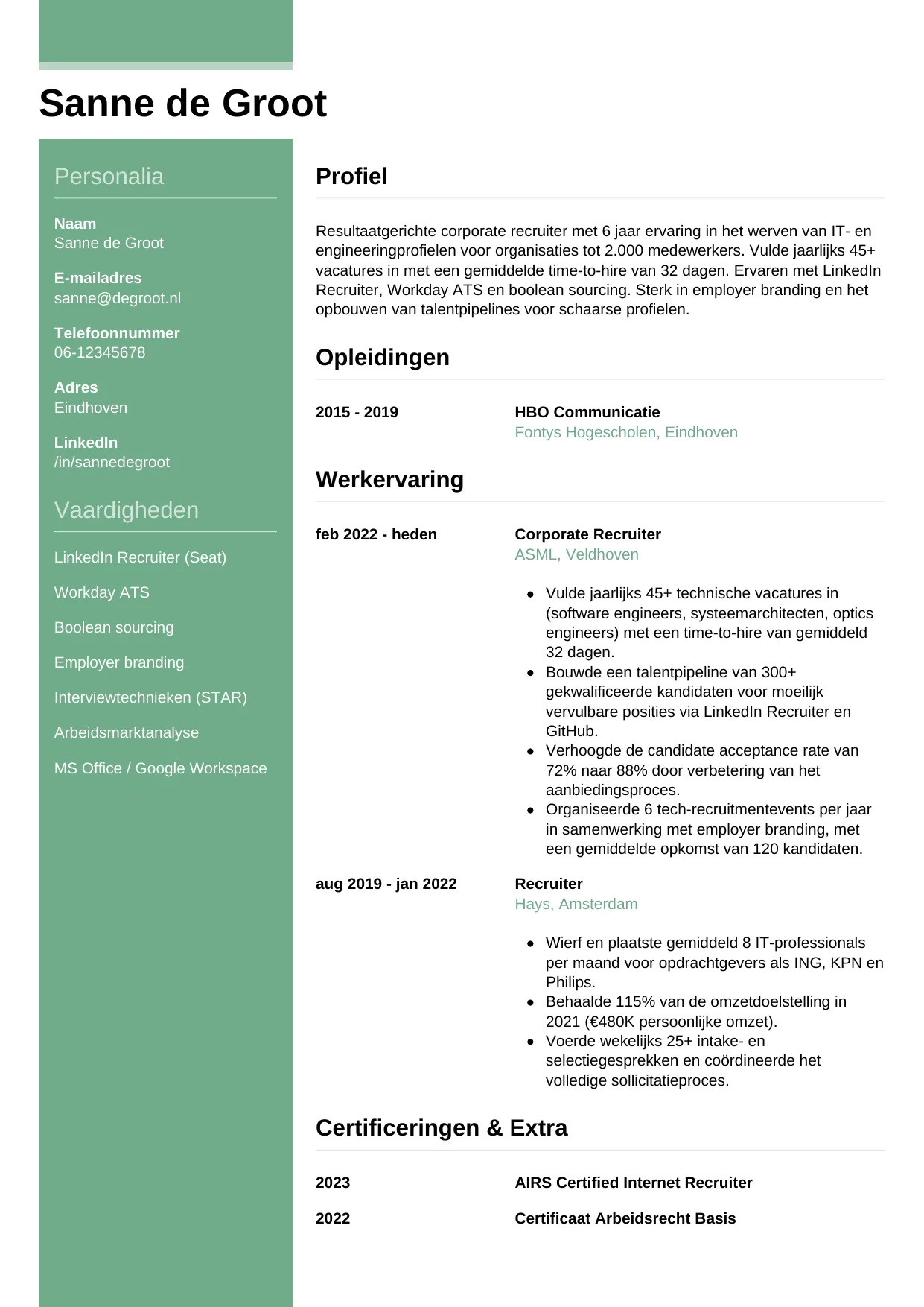 Voorbeeld CV voor recruiter in template Casual. CV Casual voor recruiter