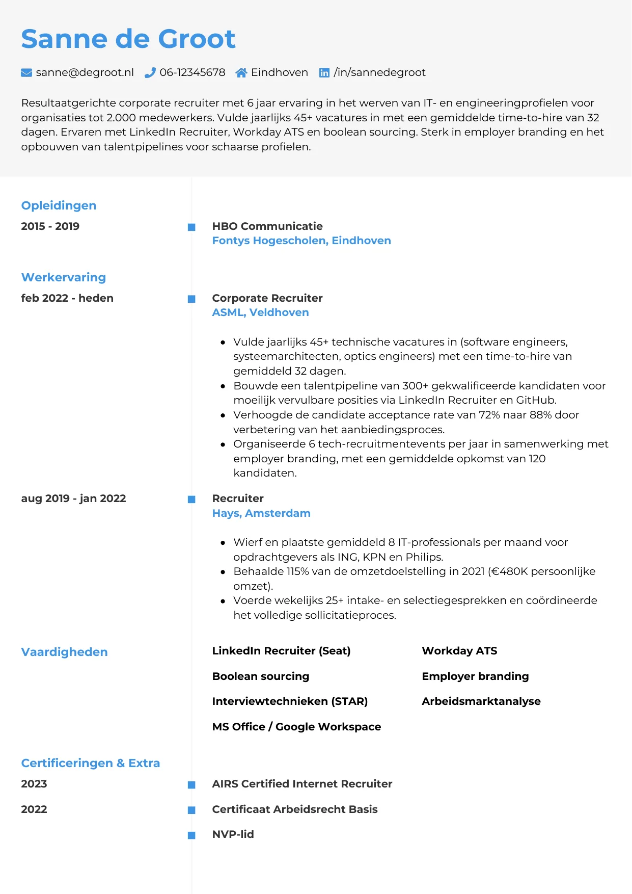 Voorbeeld CV voor recruiter in template Chrono. CV Chrono voor recruiter