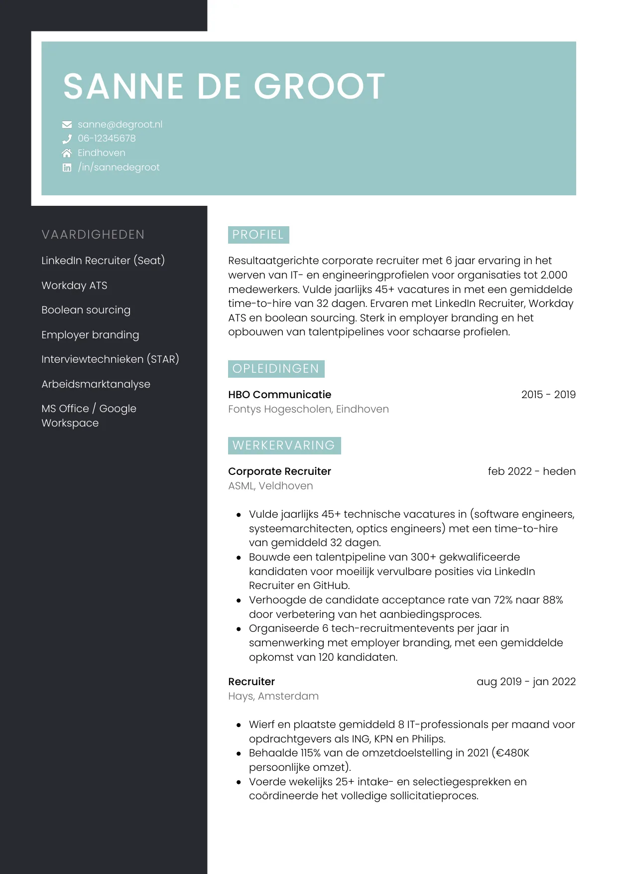 Voorbeeld CV voor recruiter in template Elegant. CV Elegant voor recruiter