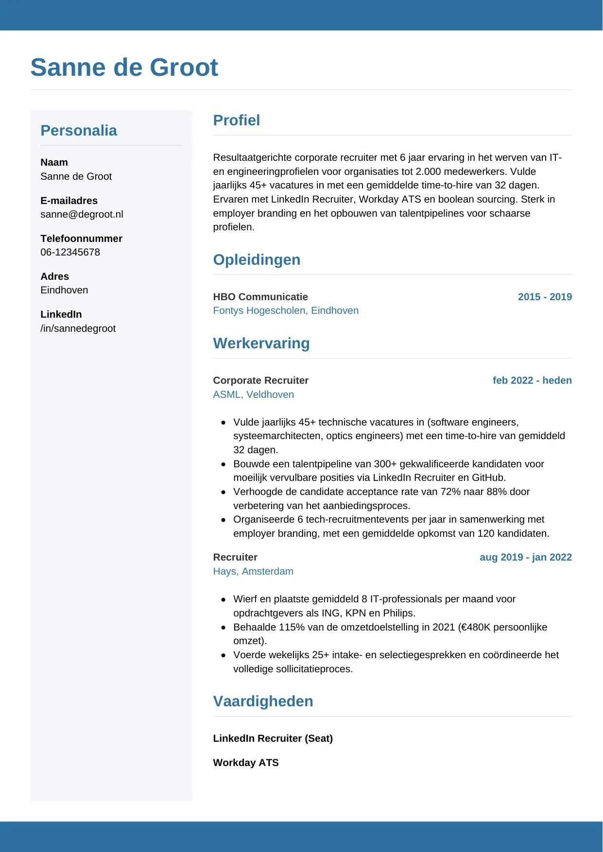 Voorbeeld CV voor recruiter in template Horizontaal. CV Horizontaal voor recruiter