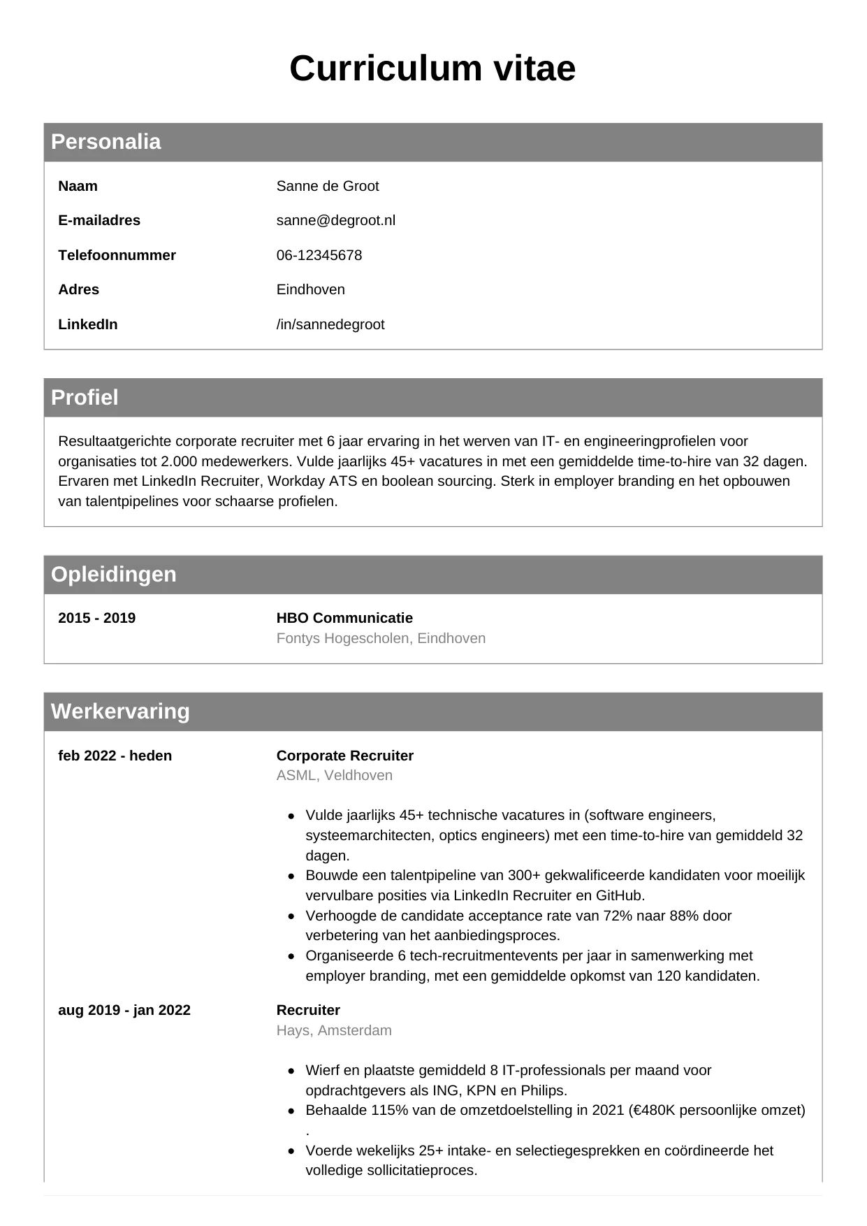 Voorbeeld CV voor recruiter in template Klassiek. CV Klassiek voor recruiter