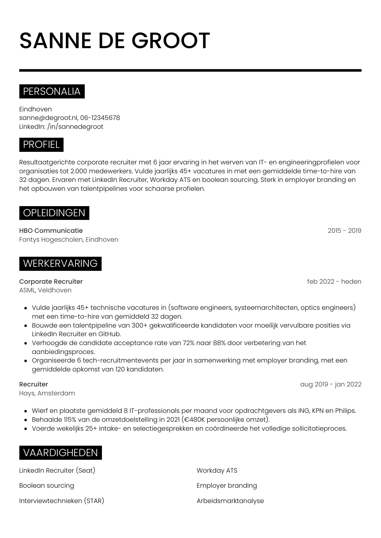 Voorbeeld CV voor recruiter in template Metro. CV Metro voor recruiter