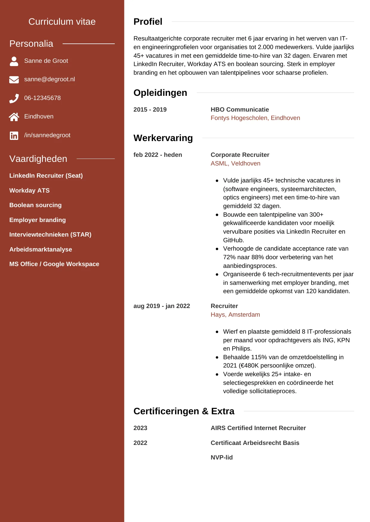 Voorbeeld CV voor recruiter in template Modern. CV Modern voor recruiter