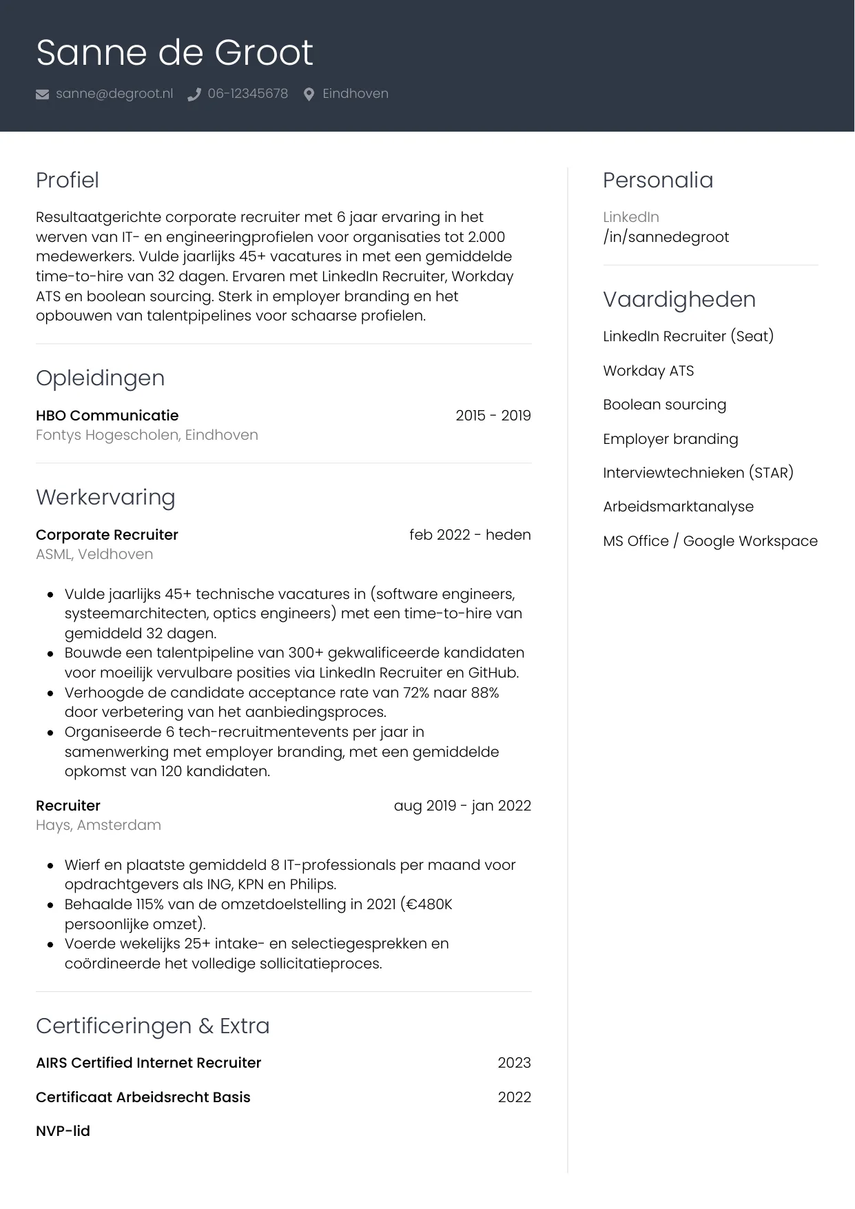 Voorbeeld CV voor recruiter in template Professioneel. CV Professioneel voor recruiter