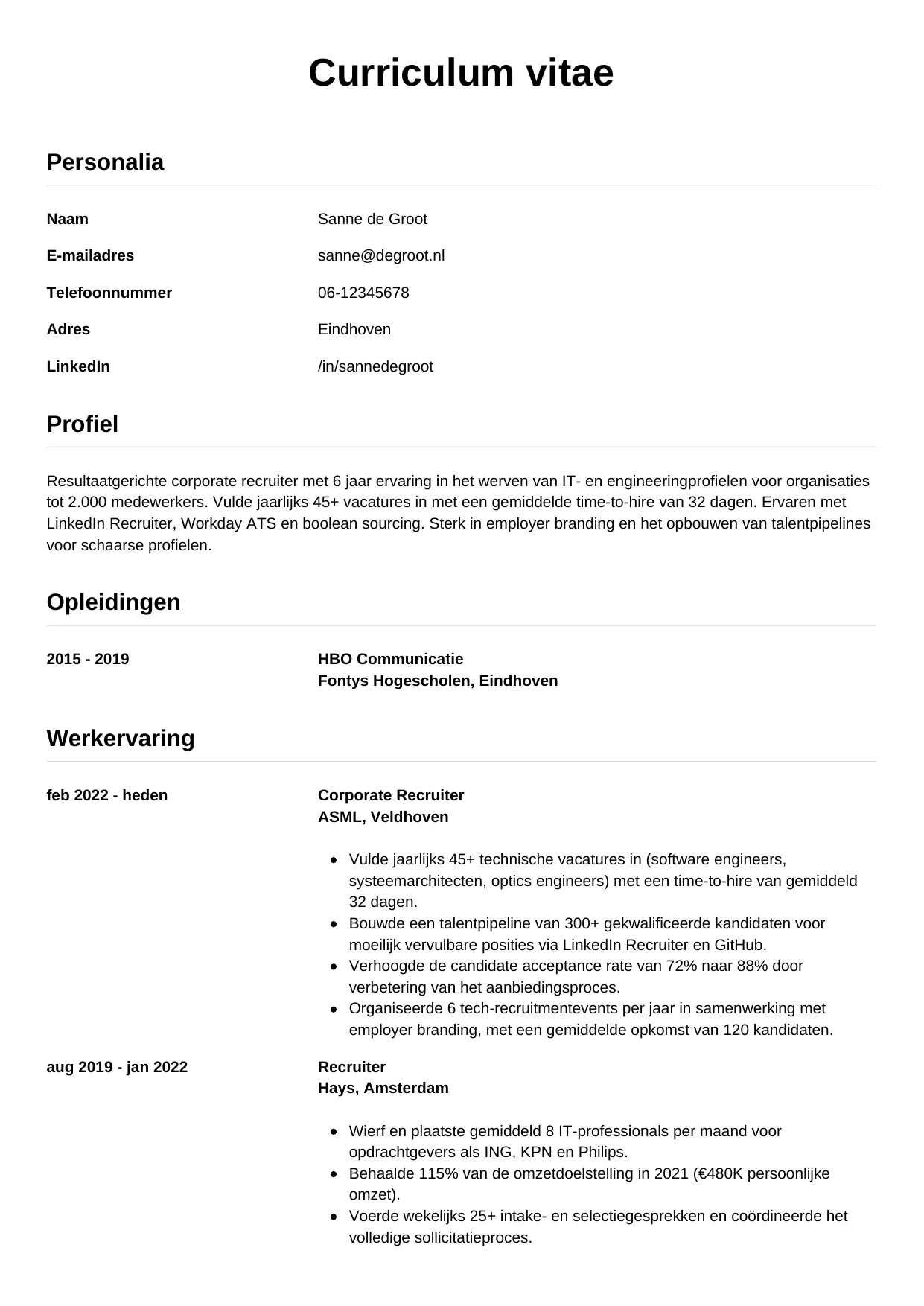Voorbeeld CV voor recruiter in template Simpel. CV Simpel voor recruiter