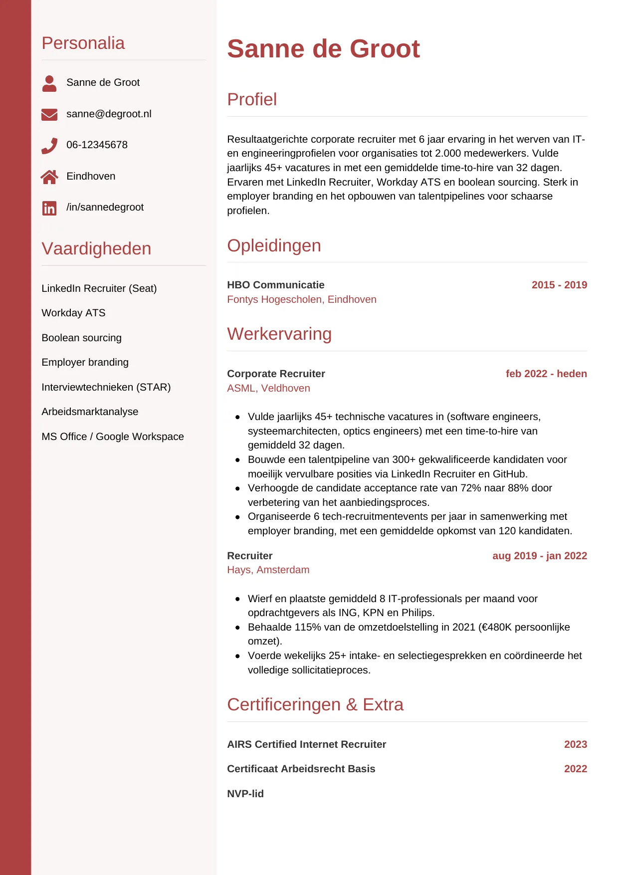 Voorbeeld CV voor recruiter in template Verticaal. CV Verticaal voor recruiter