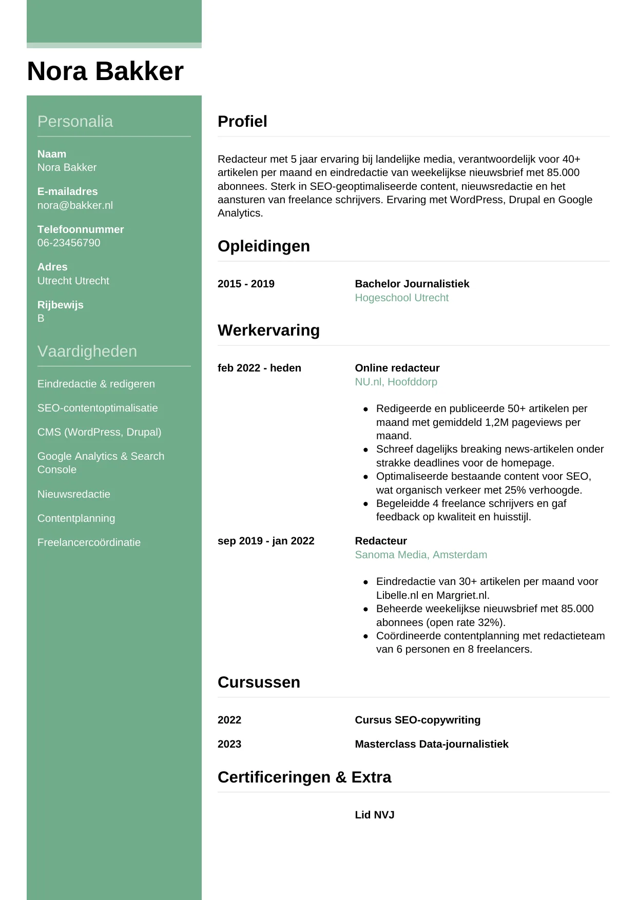 Voorbeeld CV voor redacteur in template Casual. CV Casual voor redacteur