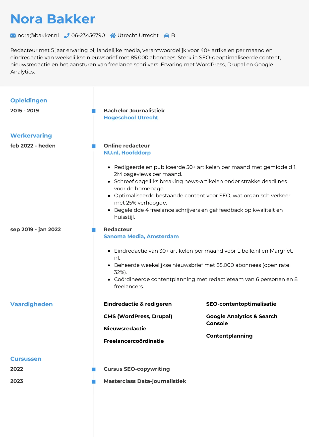 Voorbeeld CV voor redacteur in template Chrono. CV Chrono voor redacteur