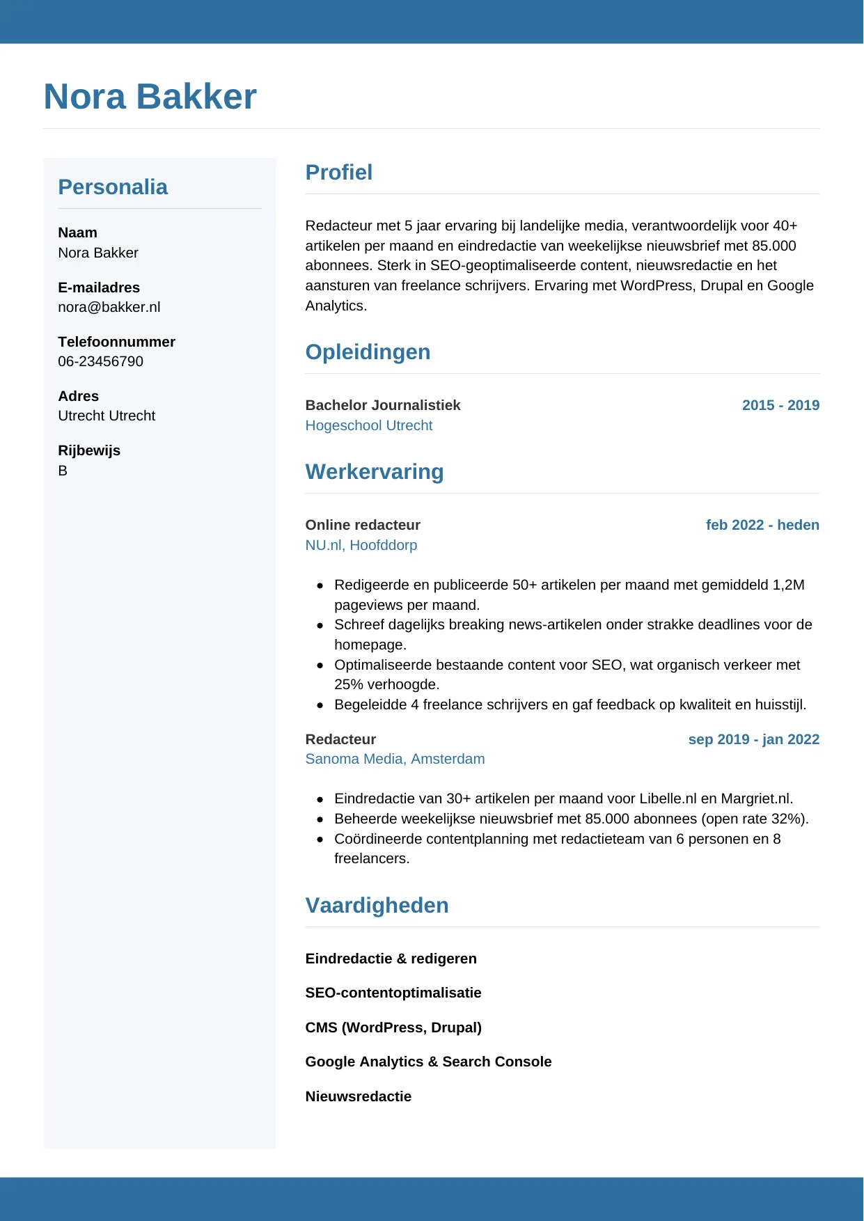 Voorbeeld CV voor redacteur in template Horizontaal. CV Horizontaal voor redacteur